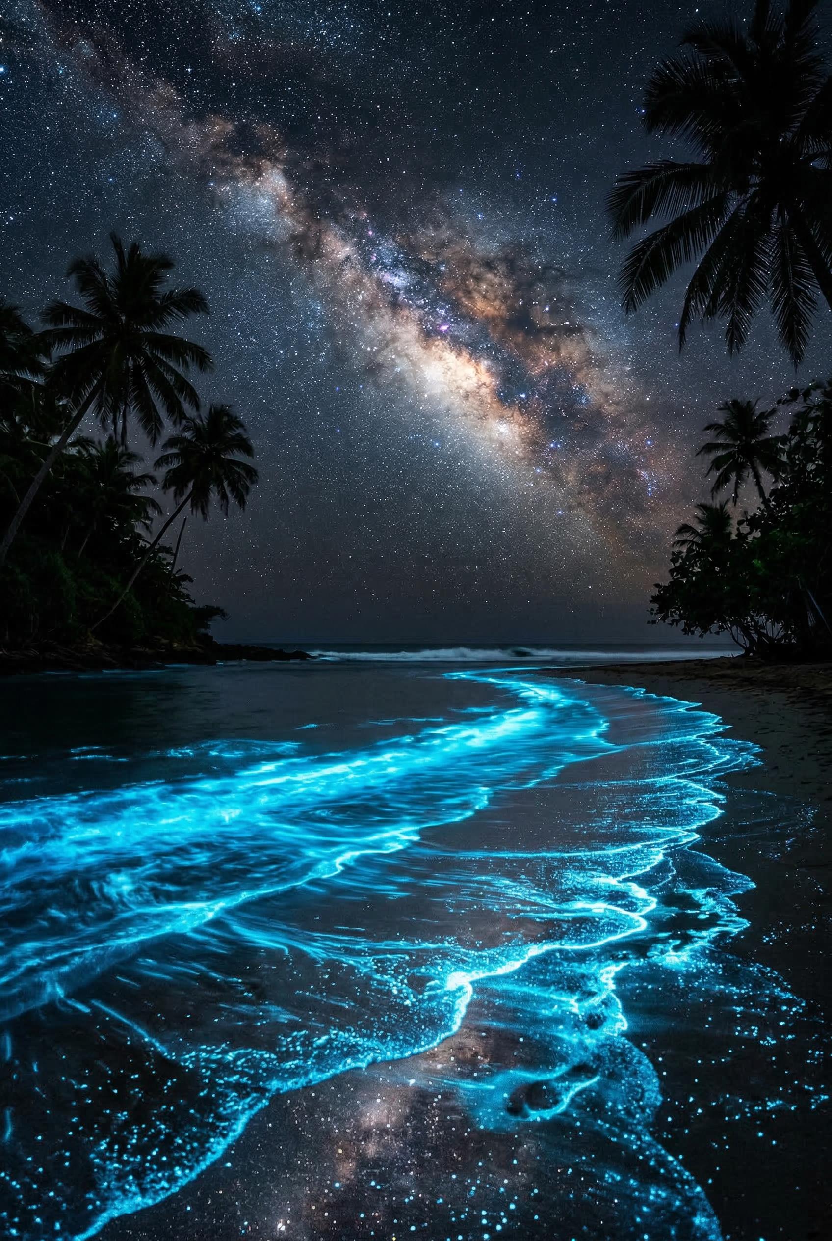 A secluded tropical beach at night with gentle waves washing ashore glowing with intense bioluminesc