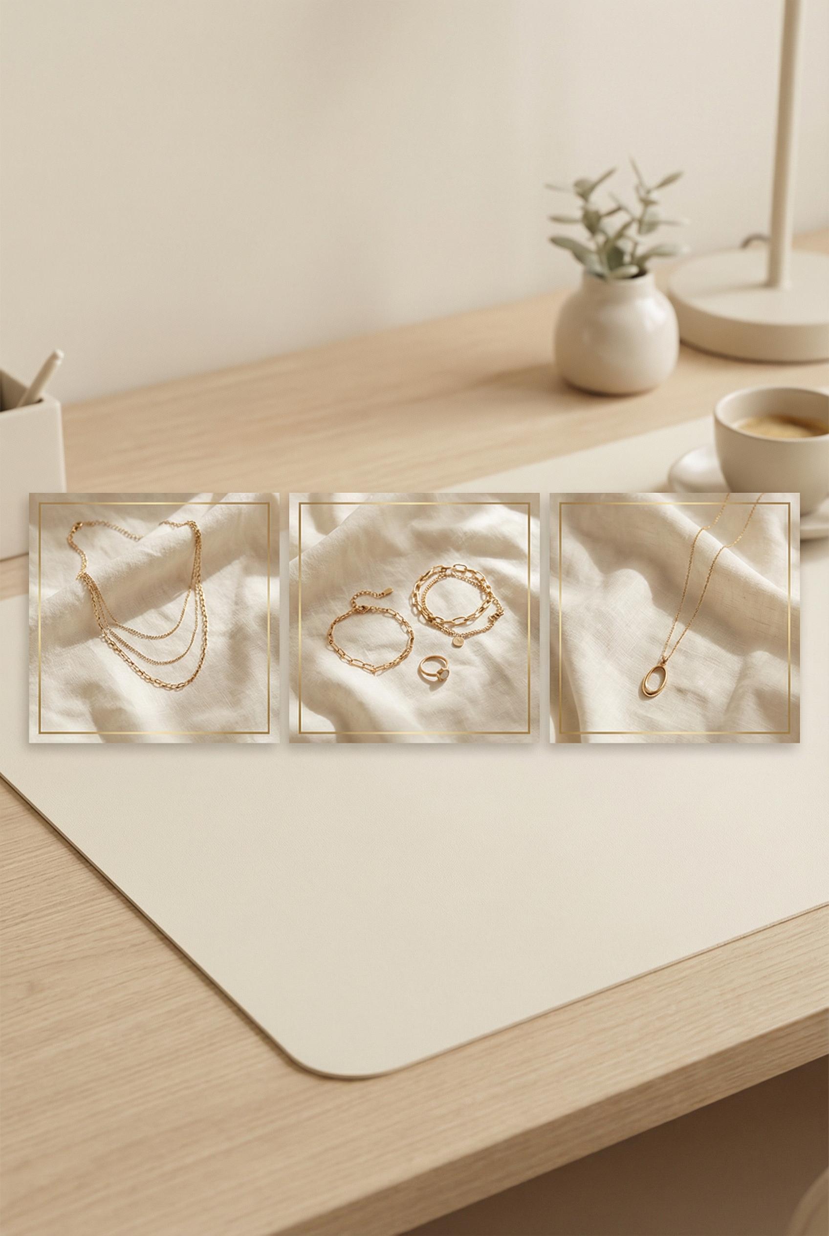 A stylish Instagram carousel template preview showing three side-by-side slides on a soft cream background, each slide d