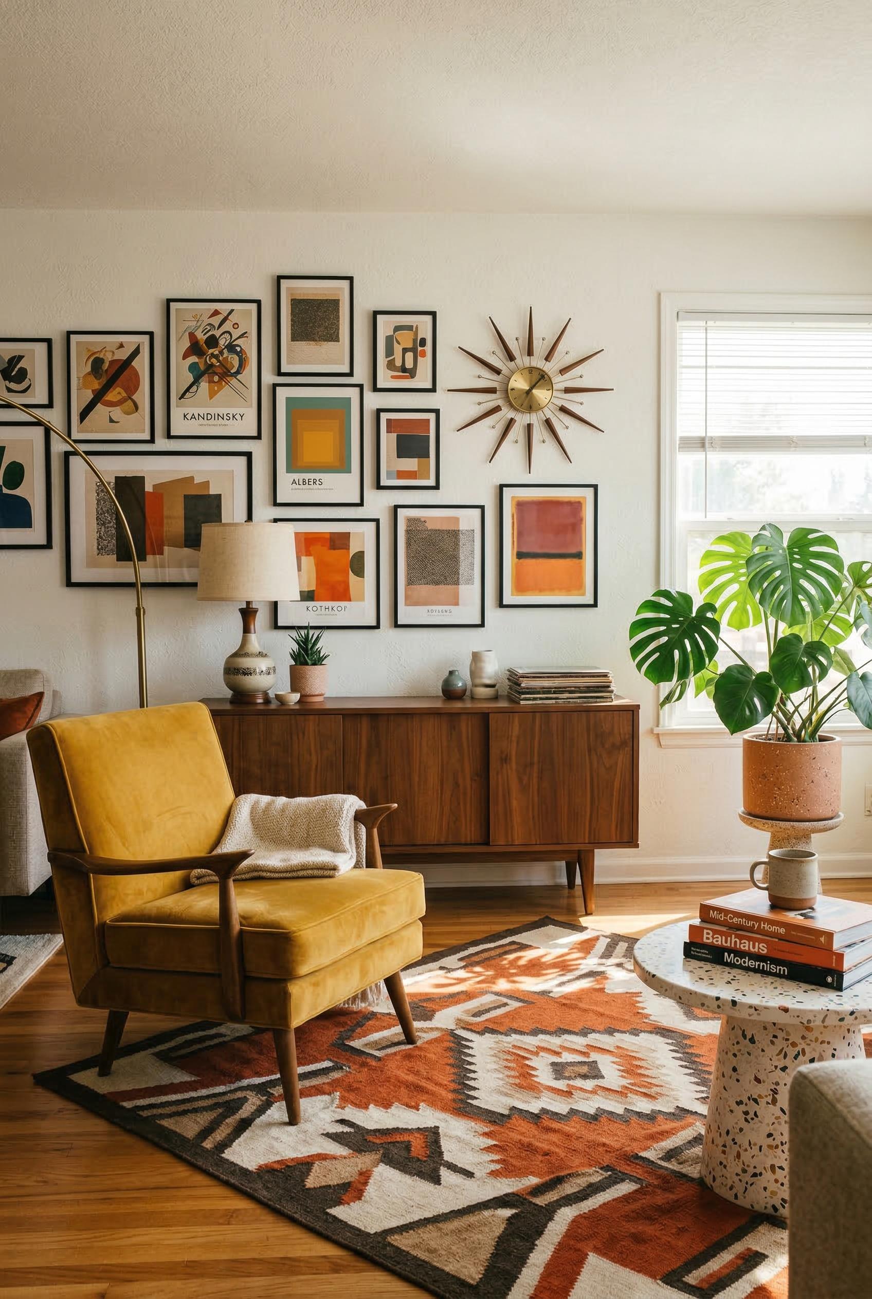 A mid-century modern living room featuring a long walnut credenza with tapered legs against a white wall, a mustard yell
