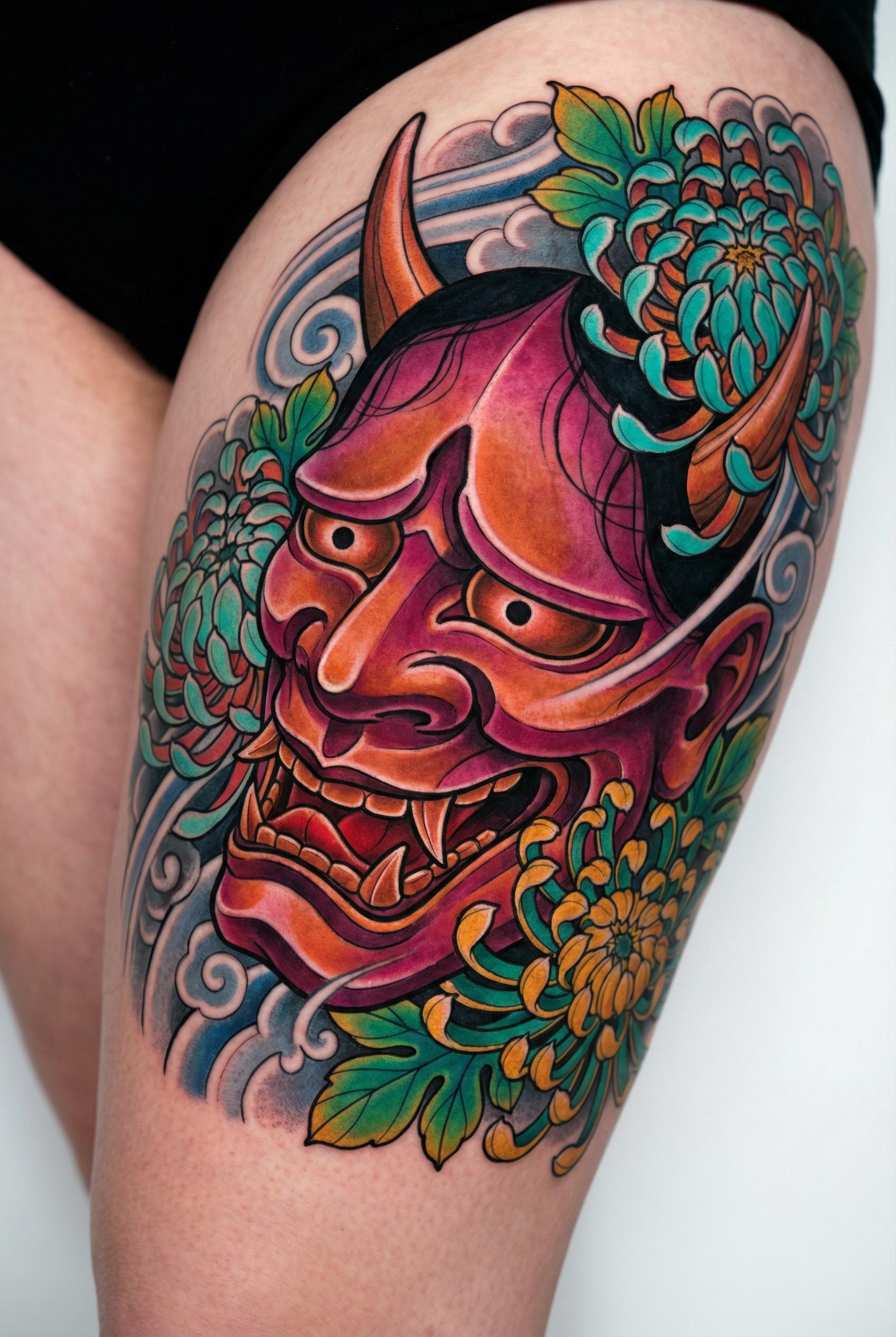 A neo traditional Japanese hannya mask tattoo on the upper thigh, combining classic Irezumi bold outlines with illustrat