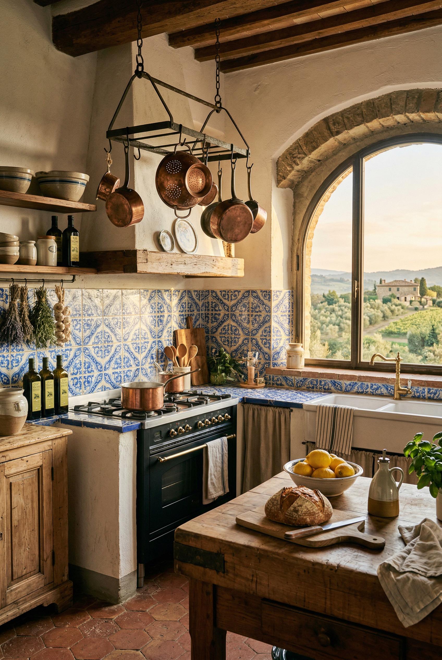 A bright Mediterranean kitchen with hand-painted blue and white patterned ceramic tiles covering the backsplash and exte