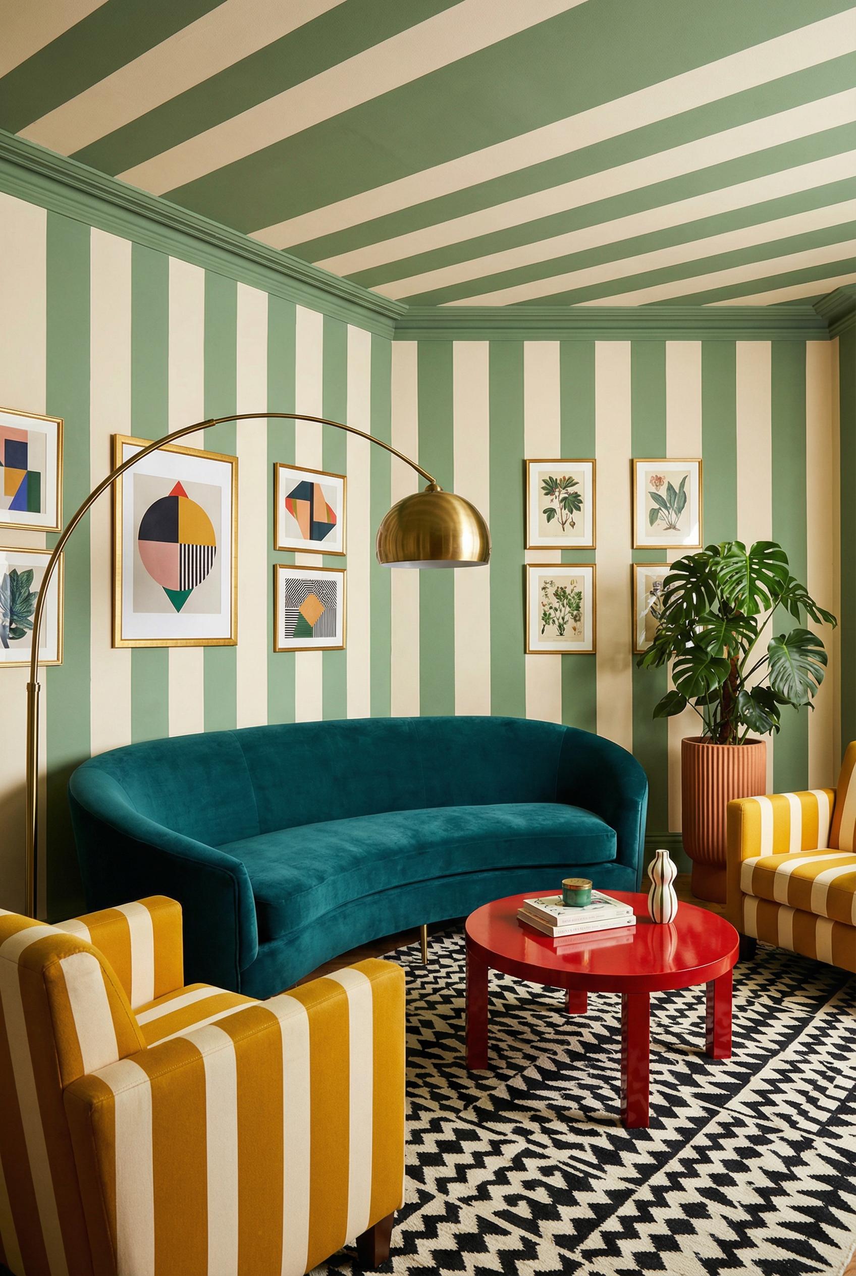 A bold FunHaus-inspired living room with wide vertical stripes painted on the walls in alternating cream and sage green,
