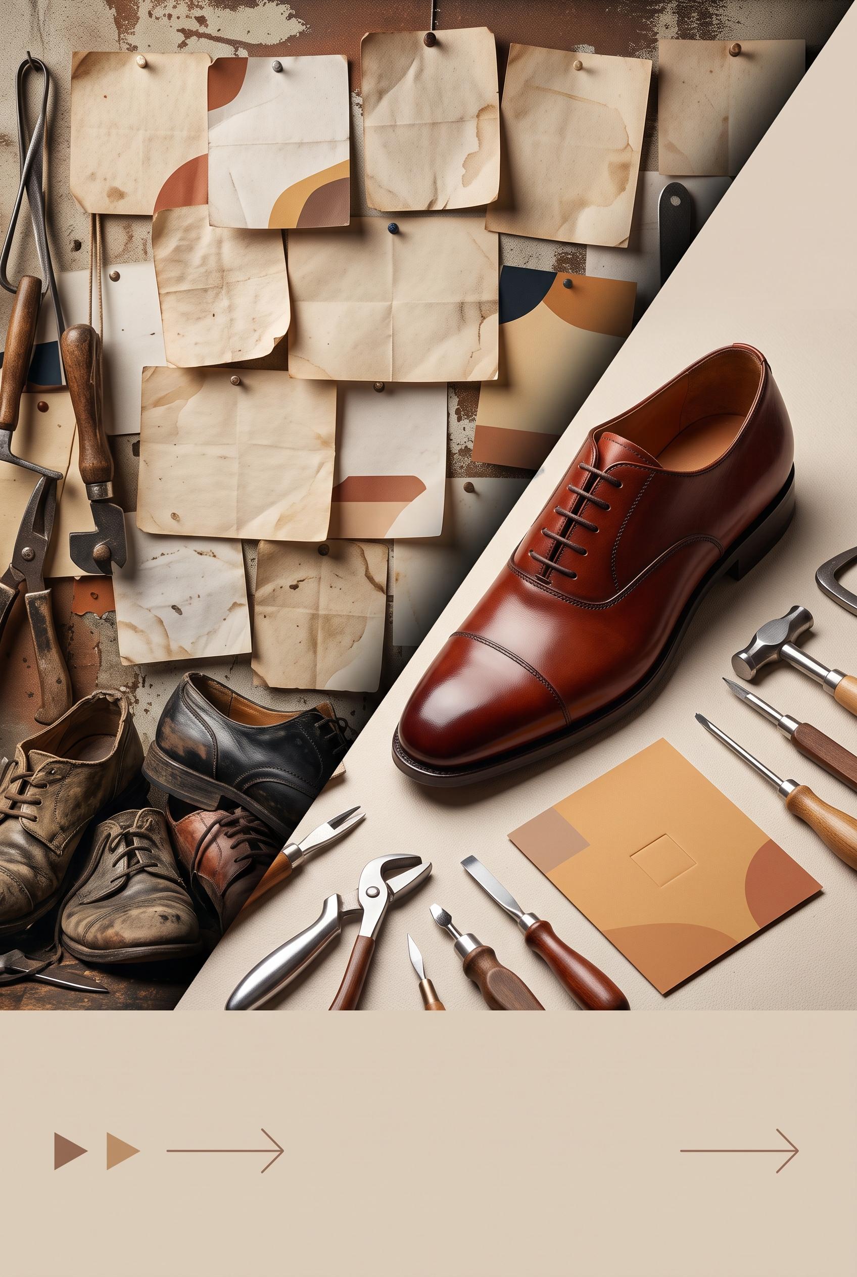 Create a commercial-quality vertical 2:3 Pinterest composition for an independent shoe repair studio