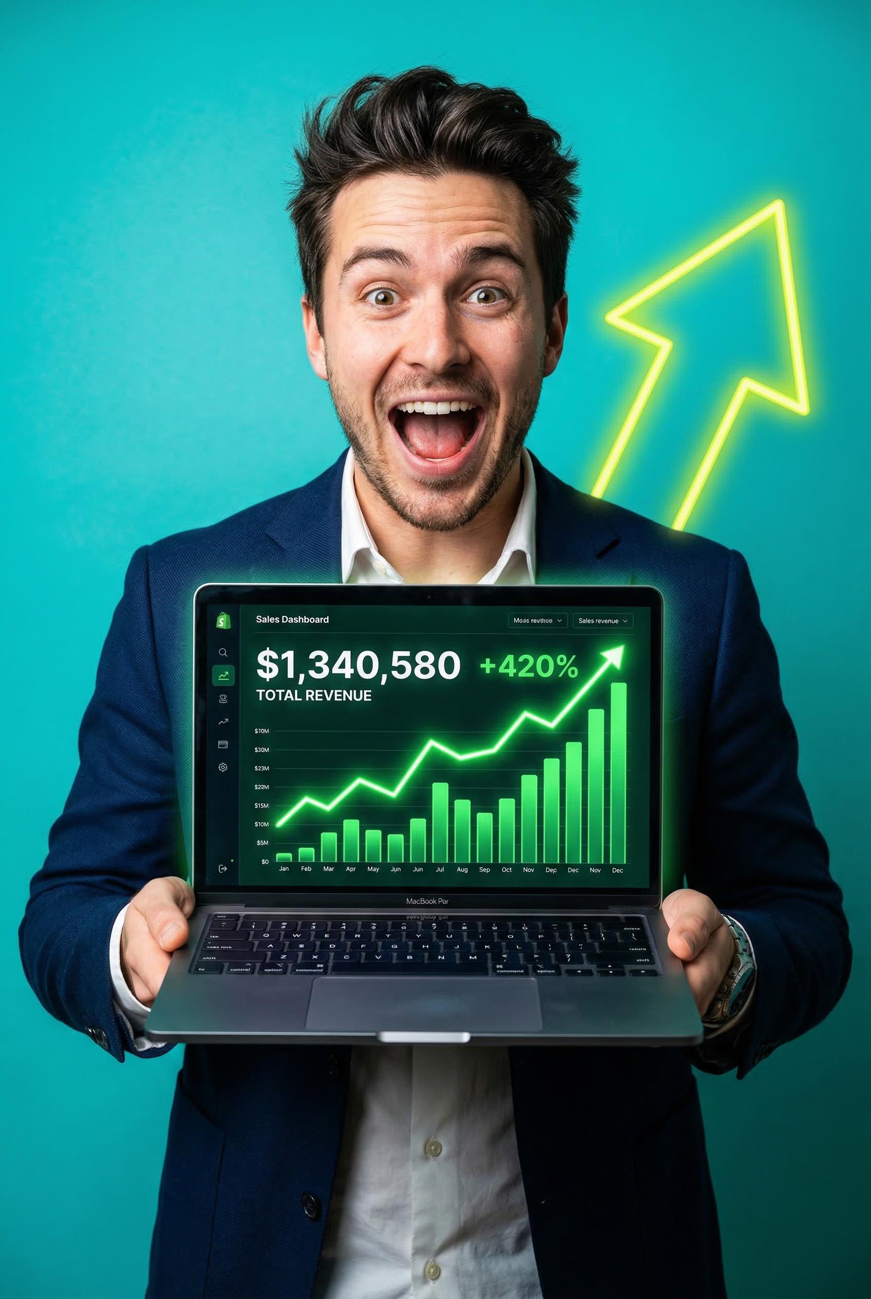 A bold YouTube thumbnail composition featuring a surprised young entrepreneur in a navy blazer holding up an open laptop displaying a green sales dashboard with upward trending graphs, bright teal solid background with a large neon-yellow upward arrow graphic beside them, high contrast dramatic studio lighting, punchy saturated colors, slightly exaggerated facial expression of excitement, shot from chest-up at eye level, YouTube thumbnail style photography, ultra realistic. Render in Photorealistic style.