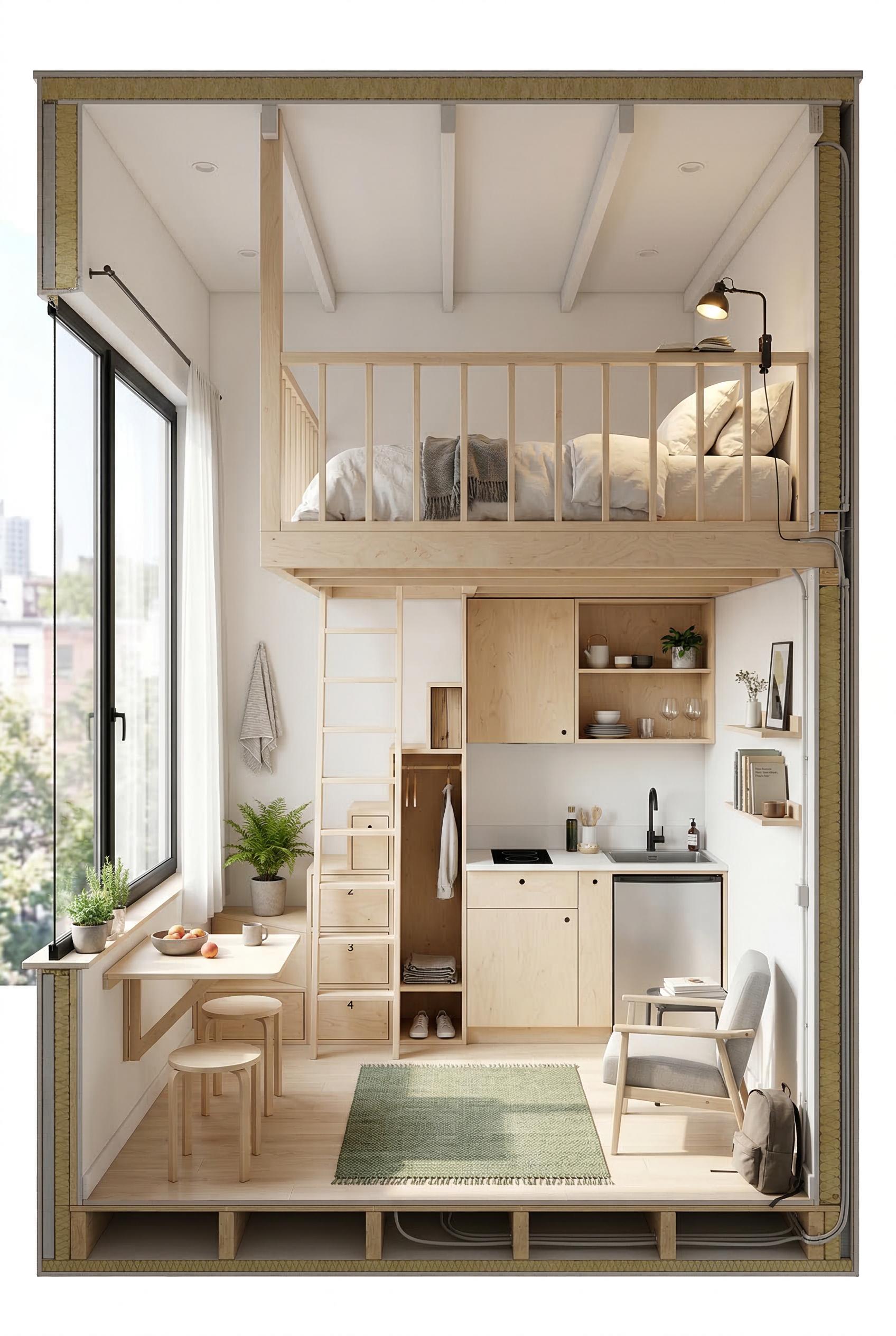 A compact 25-square-meter studio apartment with a lofted sleeping area accessible by a slim wooden ladder, featuring a c