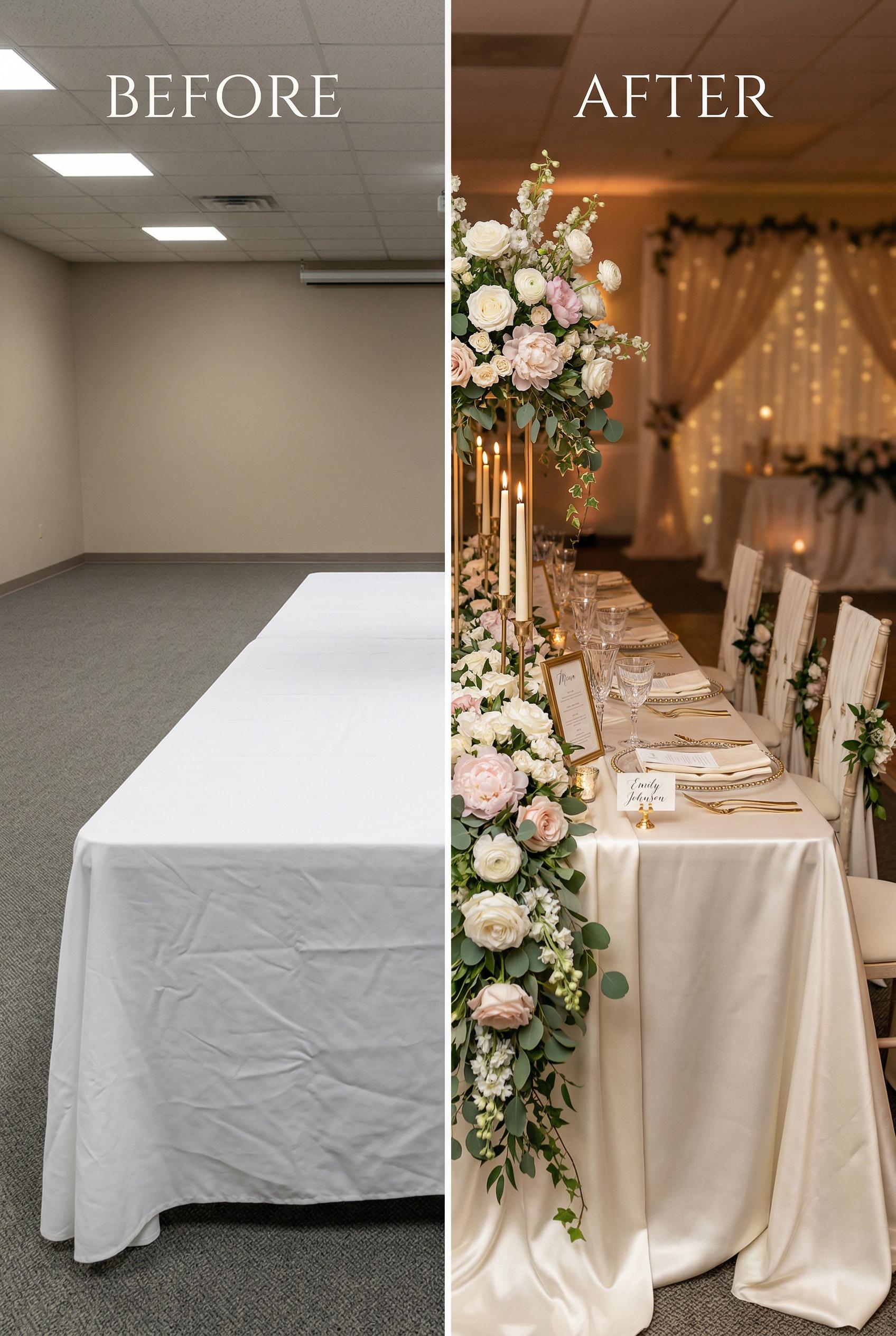 A dramatic side-by-side before and after image of a wedding reception table transformation. Left side: a bare plain rect