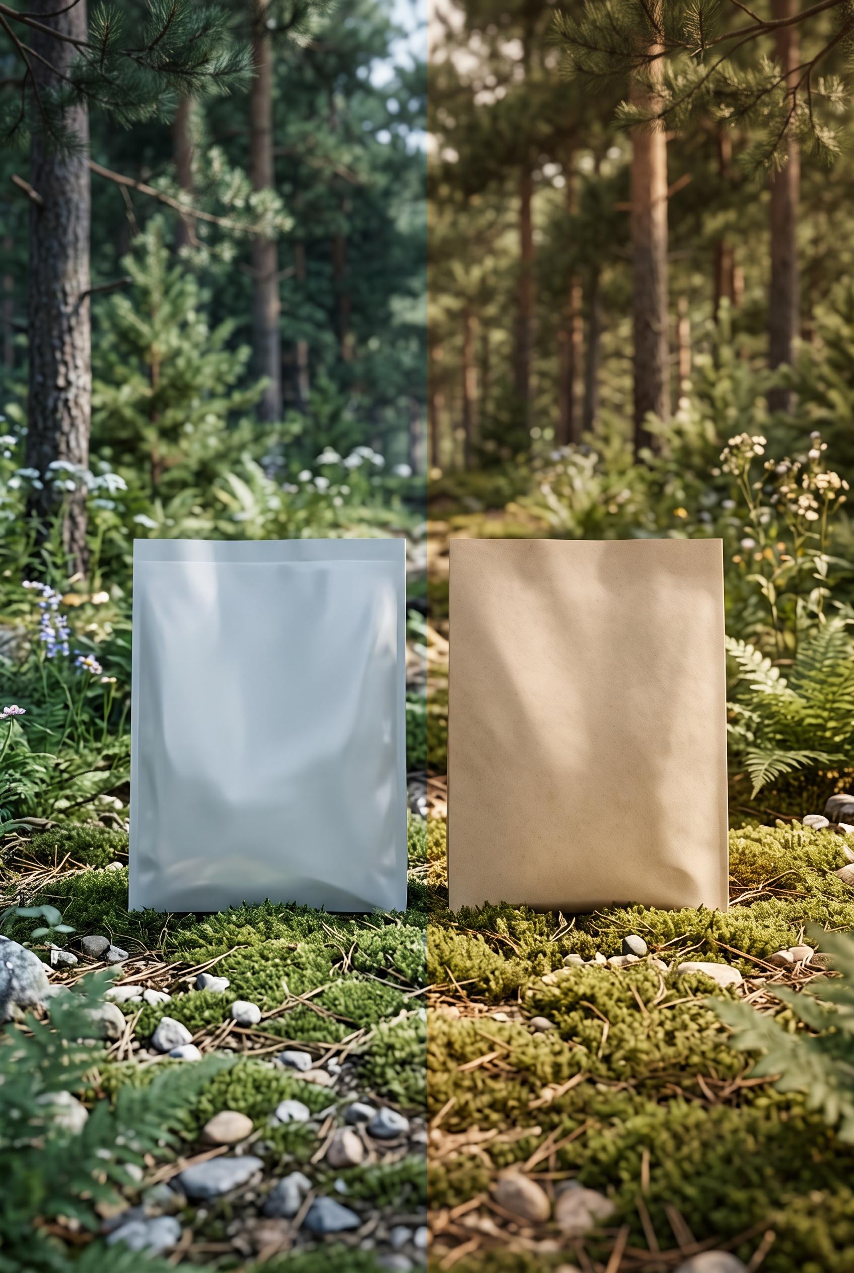 Create a vertical 2:3 composition showcasing the before (plastic) and after (biodegradable) packagin
