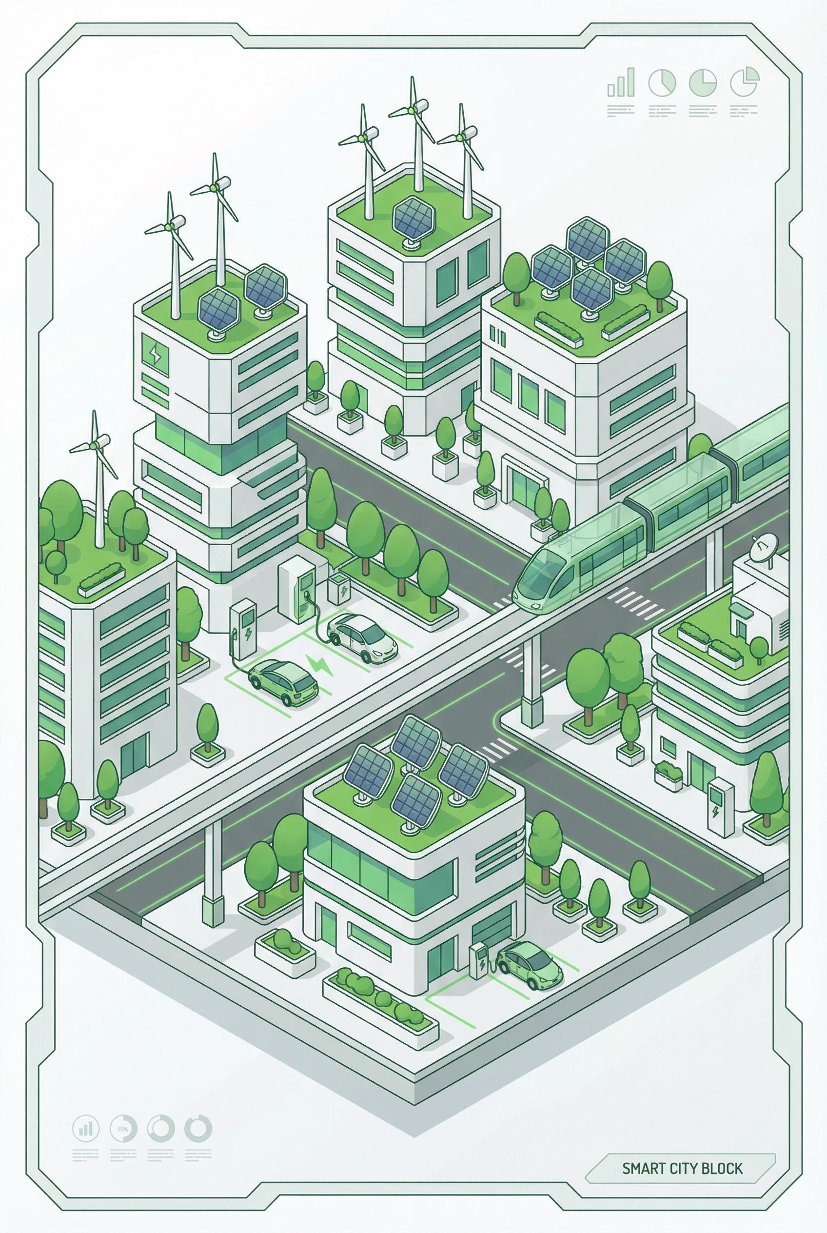 An isometric illustration of a futuristic smart city block, featuring solar panels on roofs, wind turbines, electric car charging stations, and plenty of green trees, clean white and green color palette, detailed 3d vector style.
. Create this image in Isometric Style with 3D isometric projection, 45-degree viewing angle, clean geometric shapes, flat shading, tech illustration aesthetic, infographic design style