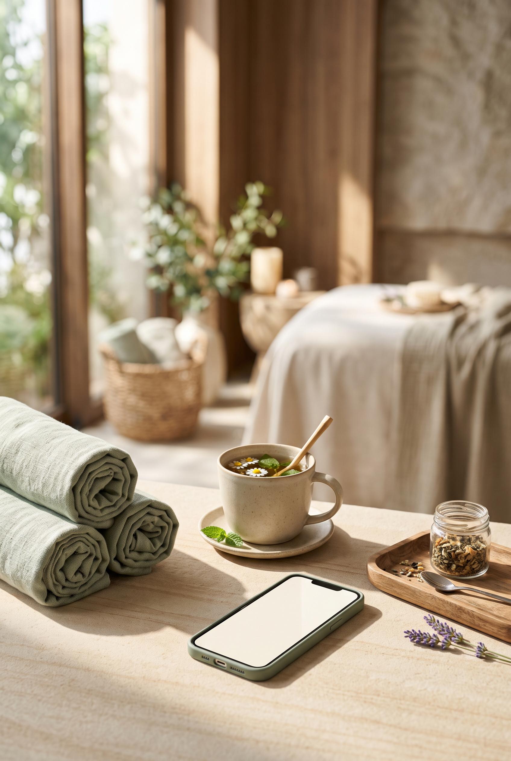 Calm luxury launch campaign for a boutique wellness studio, rolled towels, herbal tea, natural stone