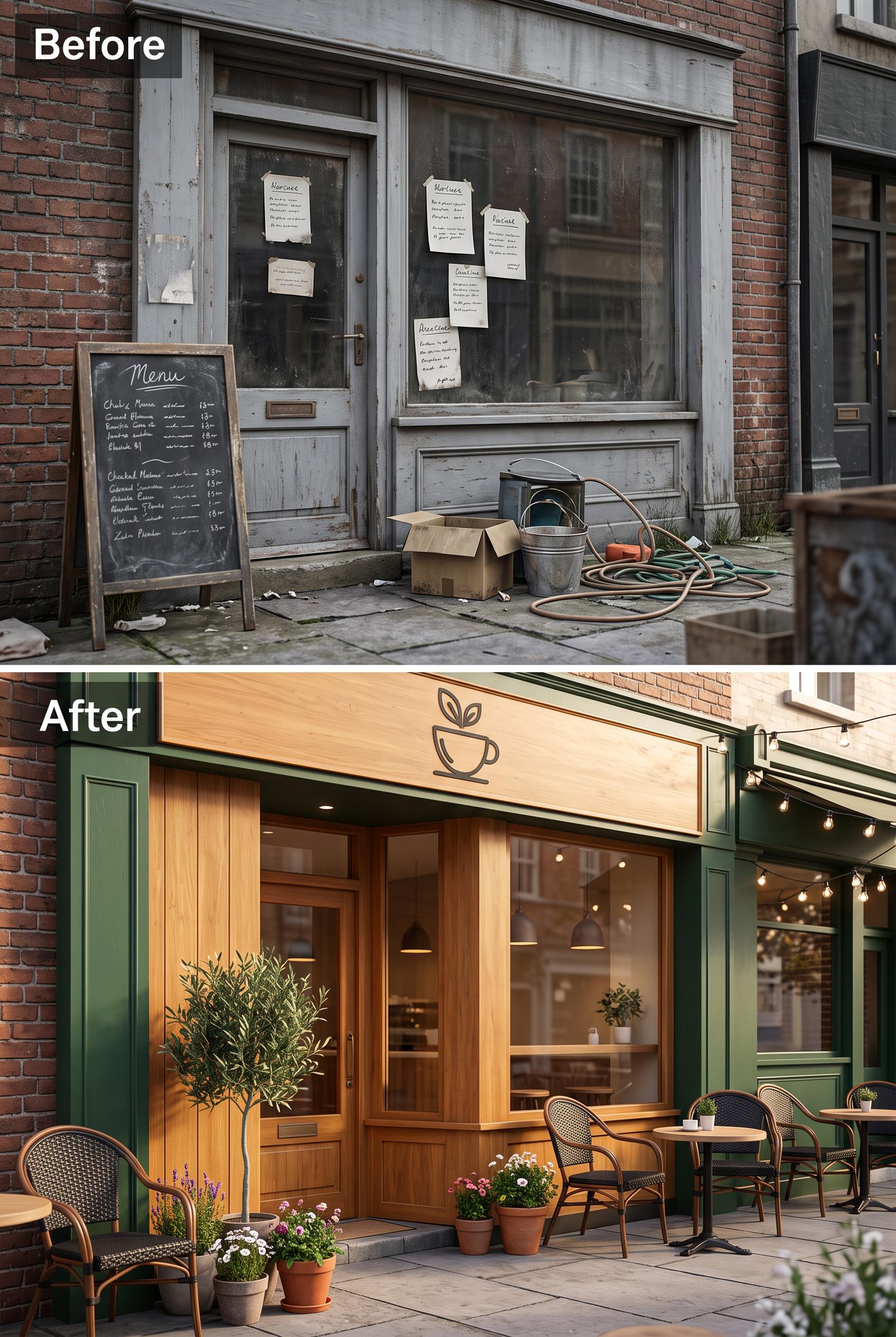 Split image of a local cafe entrance before (cluttered and dull) and after (cozy, inviting with outdoor sea...