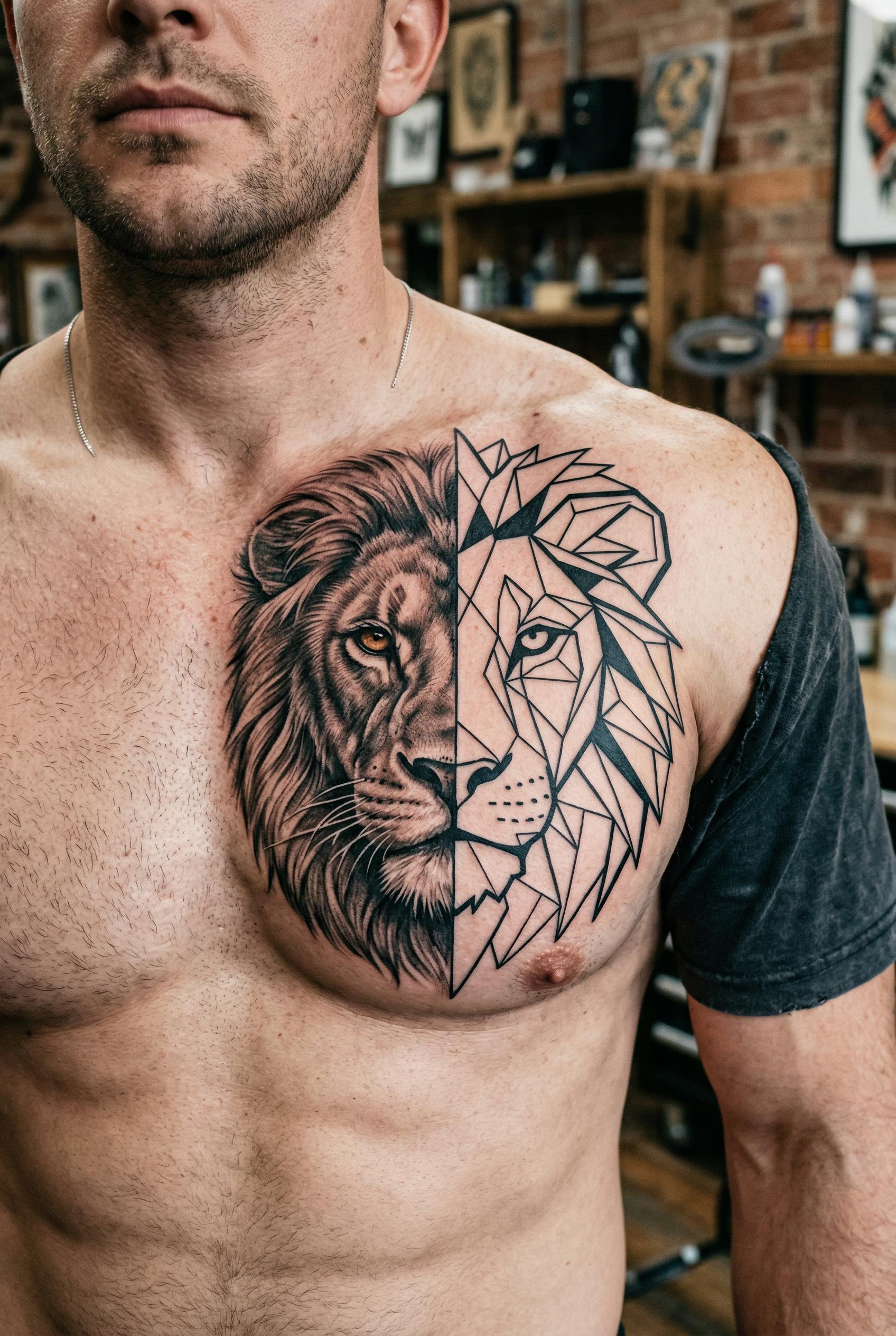 A geometric lion face tattoo on a man's chest, split vertically down the middle — the left half is photorealistic with d