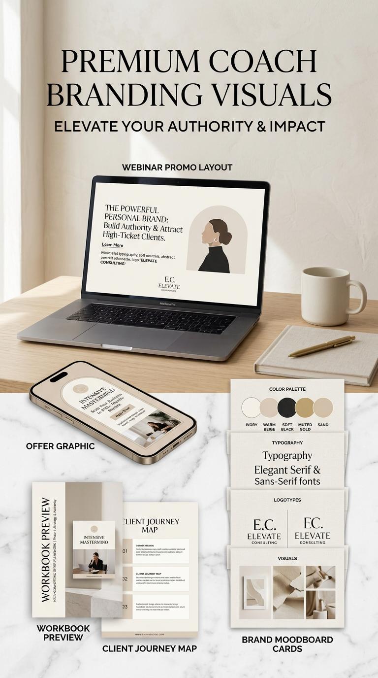 Create a premium vertical Pinterest pin for coach and consultant branding visuals, showing elegant laptop and phone mock