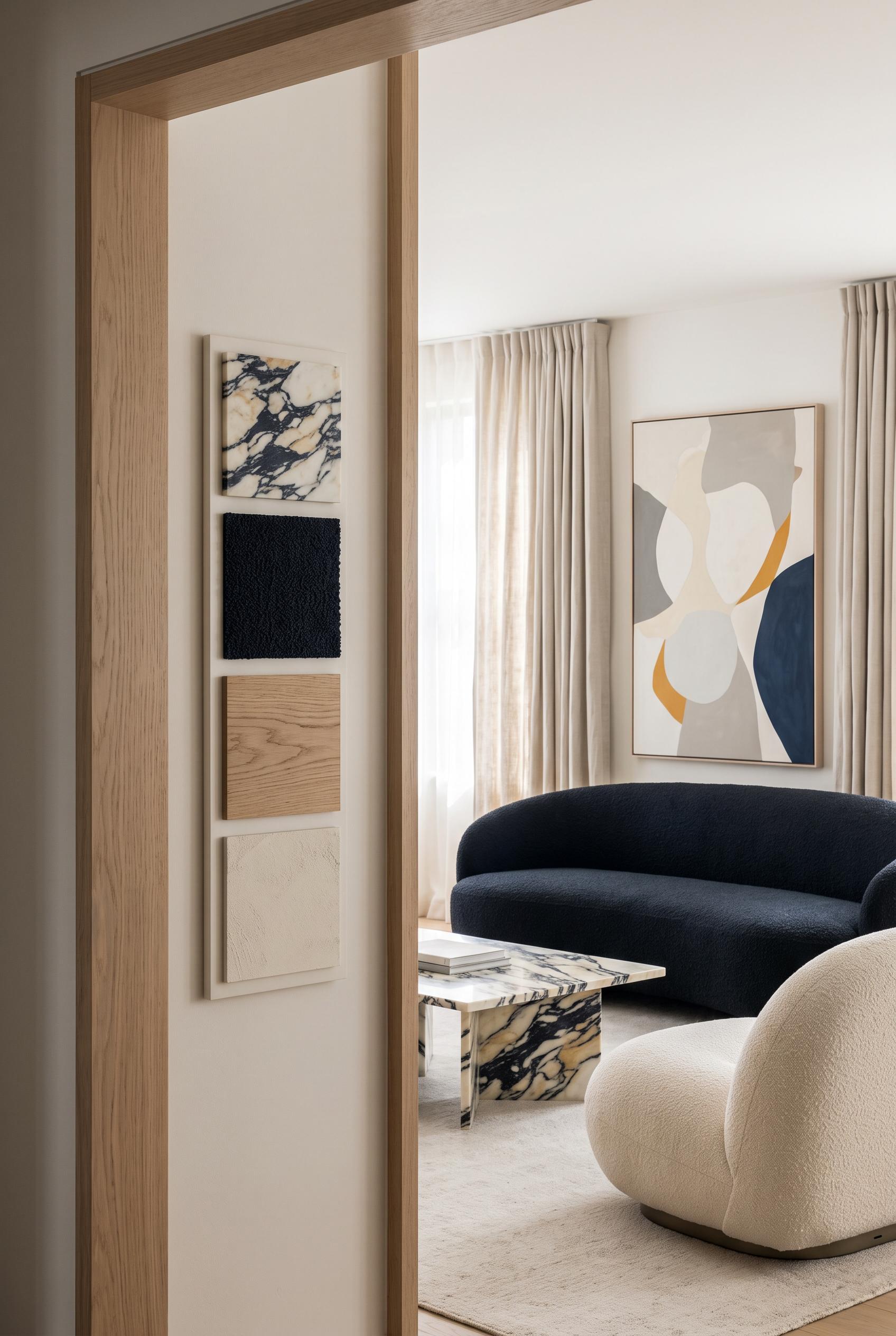 Create a commercial-quality interior design showcase in a vertical 2:3 Pinterest composition. Depict