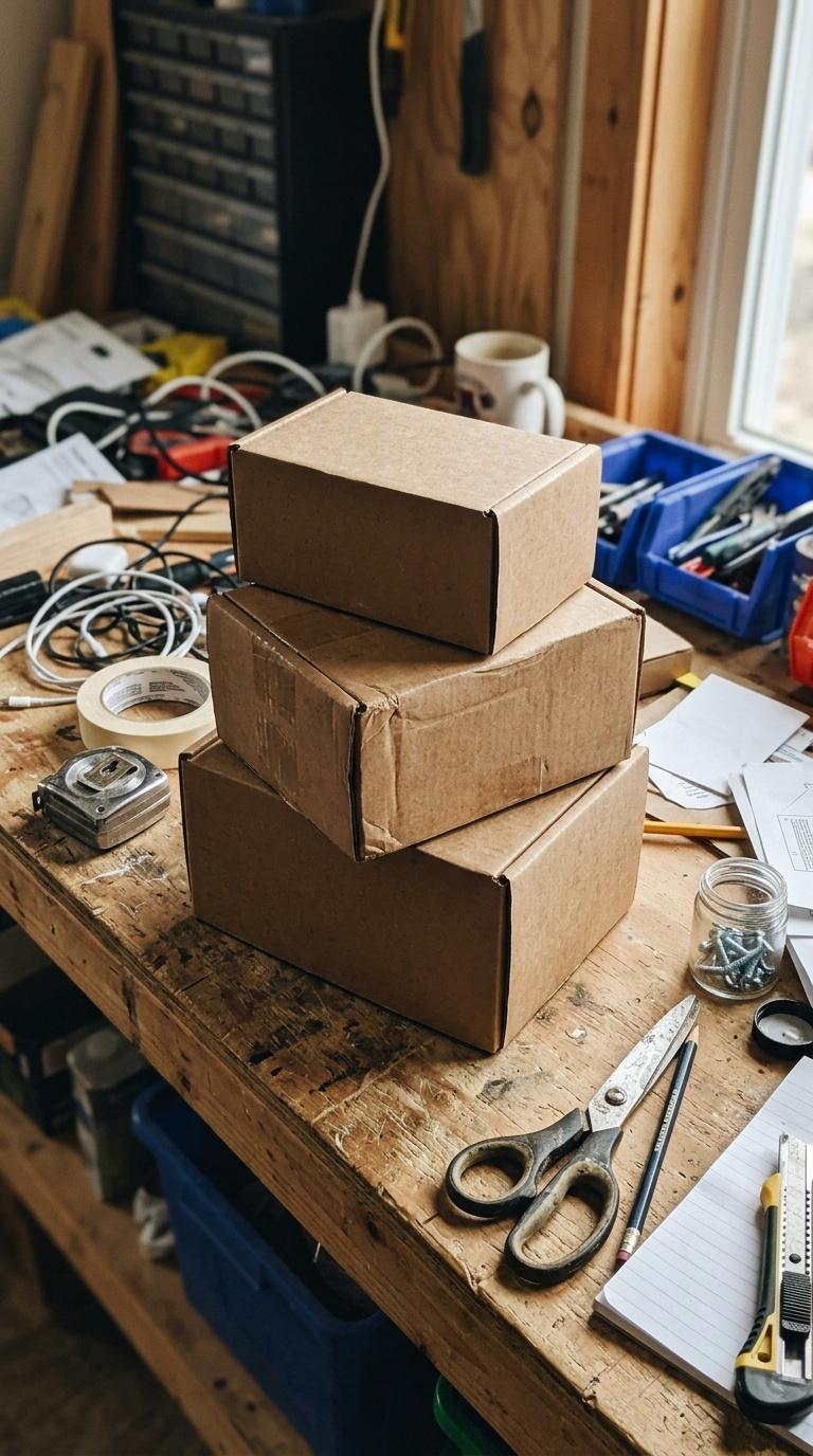 Amateur handheld phone photo of plain product packaging on a cluttered work table, imperfect angle a