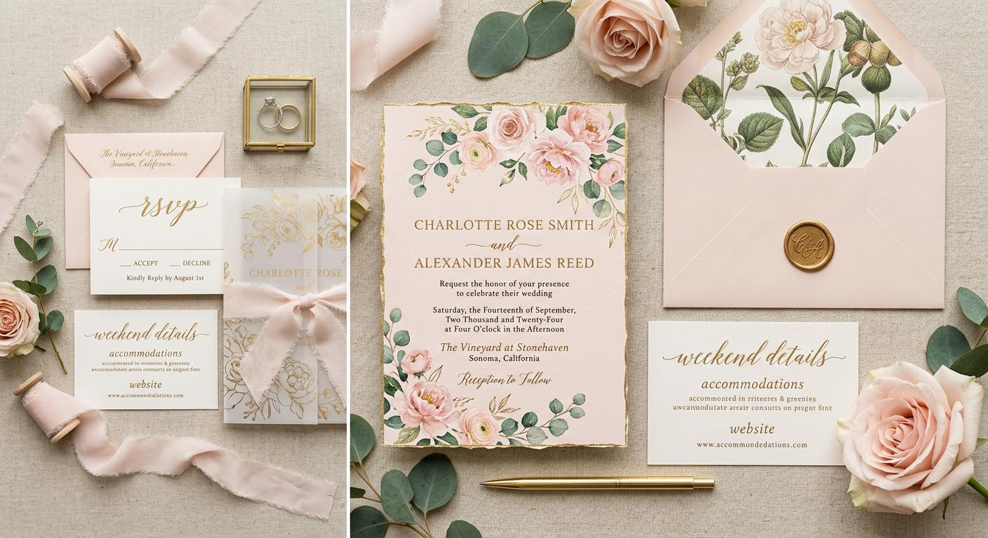 Elegant blush wedding invitation suite with romantic florals, fine gold details, editorial bridal aesthetic