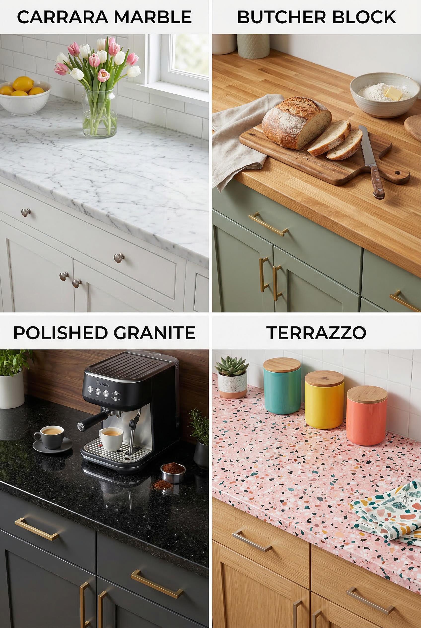 A 2x2 grid layout comparing four kitchen countertop materials, each shown in a styled kitchen vignette with consistent e