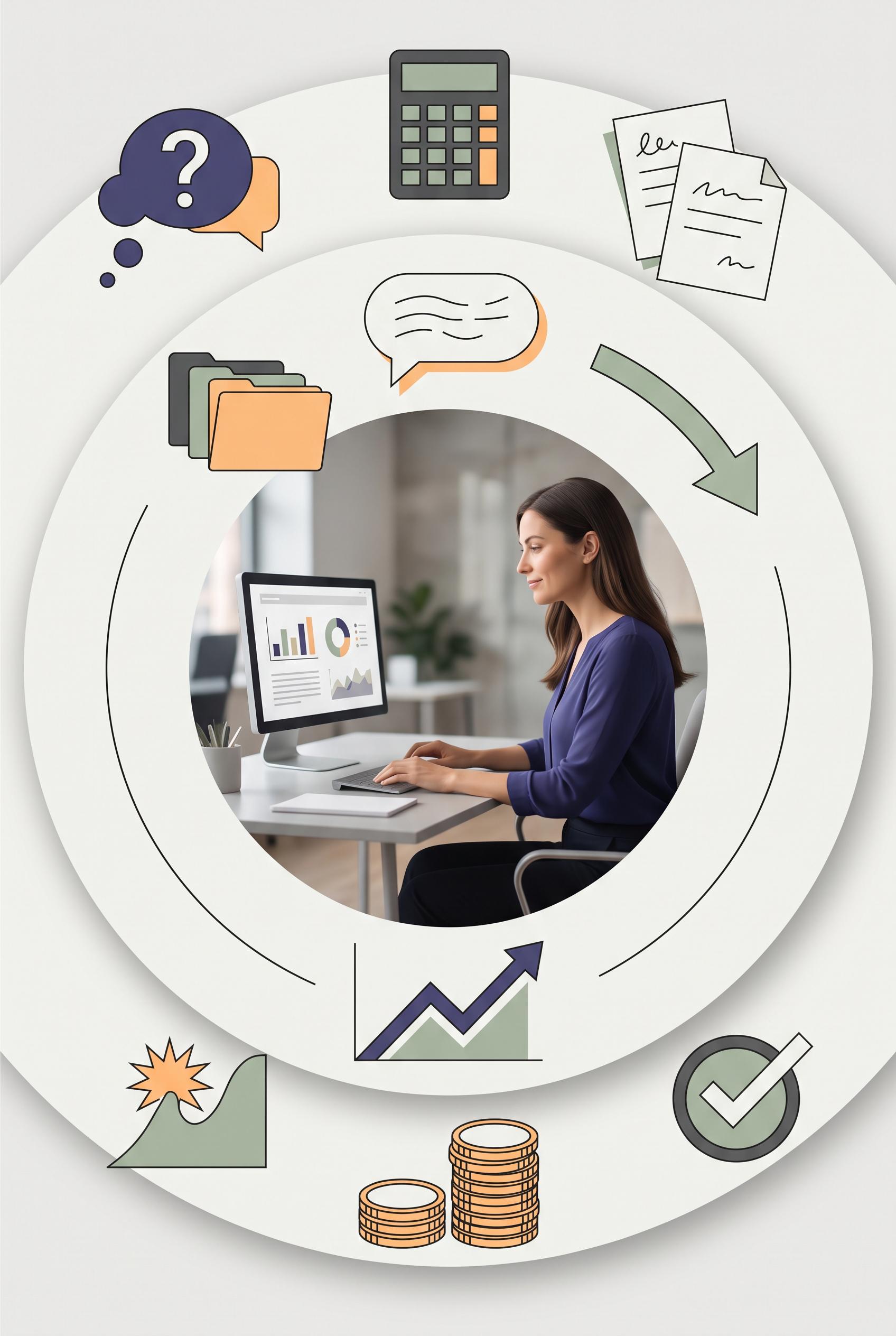 Commercial-quality educational marketing visual for an independent bookkeeping consultant, vertical 2:3 Pin...