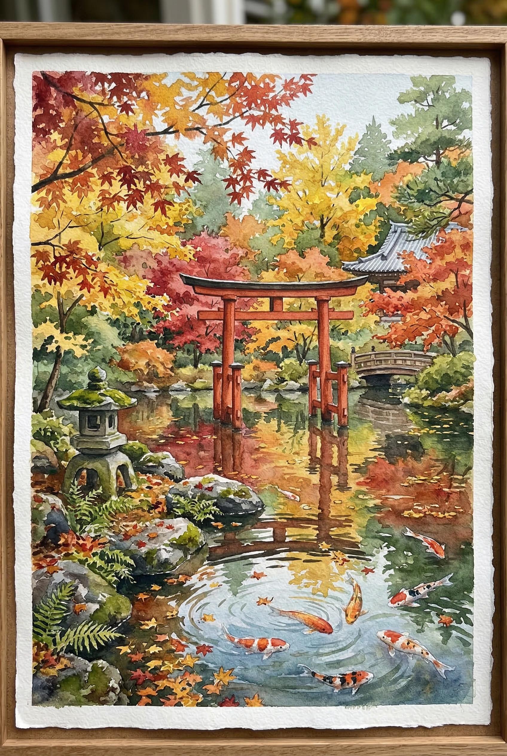 A traditional watercolor painting of a serene Japanese garden in peak autumn, featuring a vermillion red torii gate stan