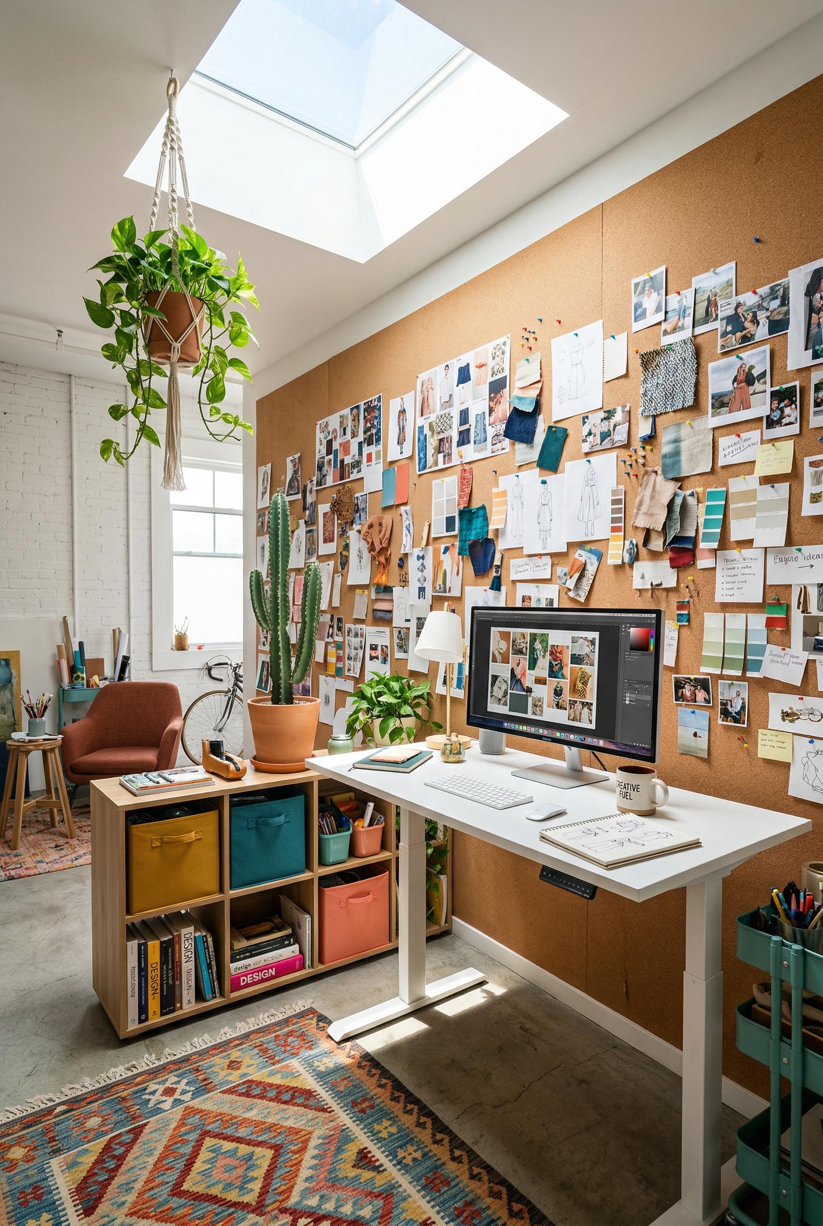 A creative studio home office with a large wall entirely covered by a cork pinboard displaying mood boards, fabric swatc