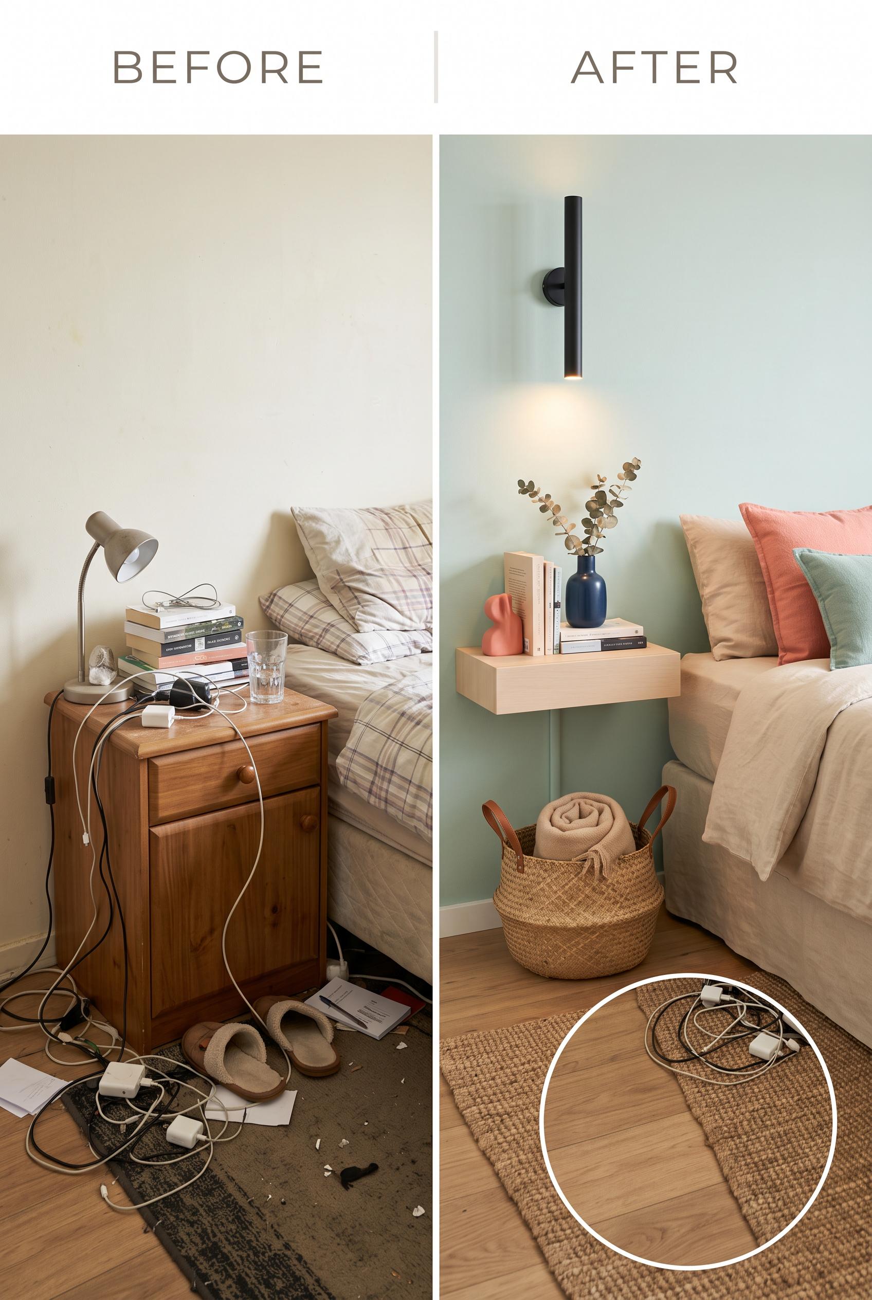 Create a commercial-quality interior design before-and-after image in a vertical 2:3 Pinterest compo