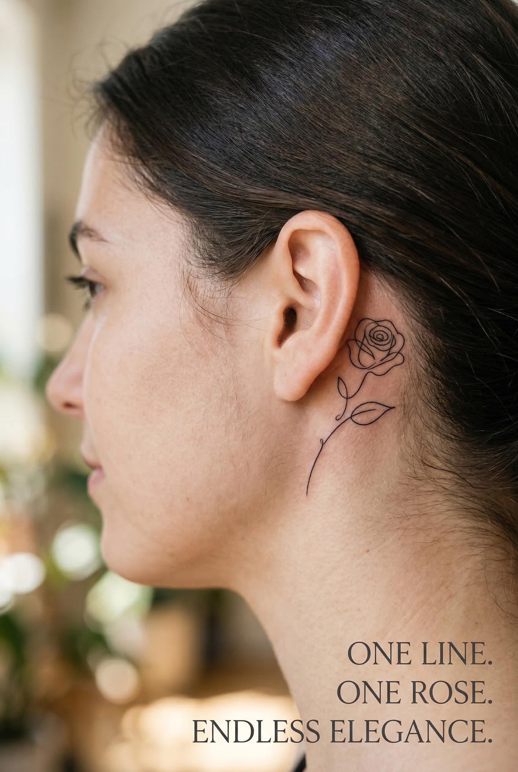 A single continuous-line rose tattoo behind the ear, drawn with one unbroken ultra-thin black line that forms the comple