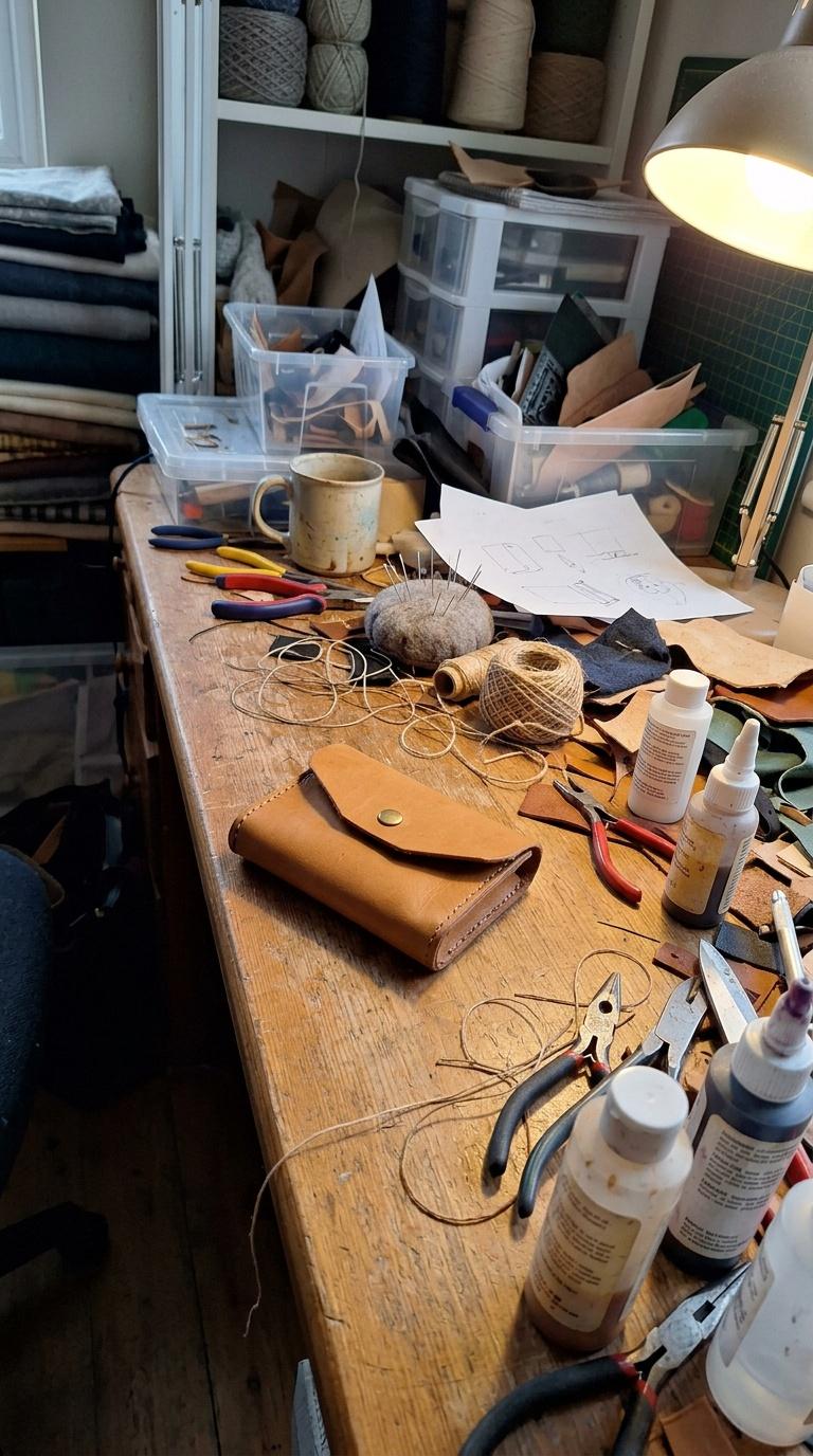 Amateur handheld phone photo of a handmade product in a busy home craft workspace, imperfect framing