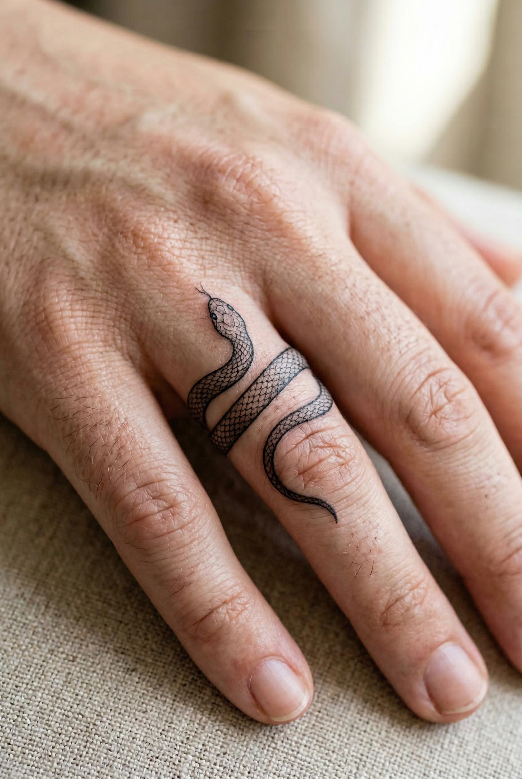 A delicate snake tattoo coiling around a finger like a ring, the serpent wraps 1.5 times around the finger with its smal