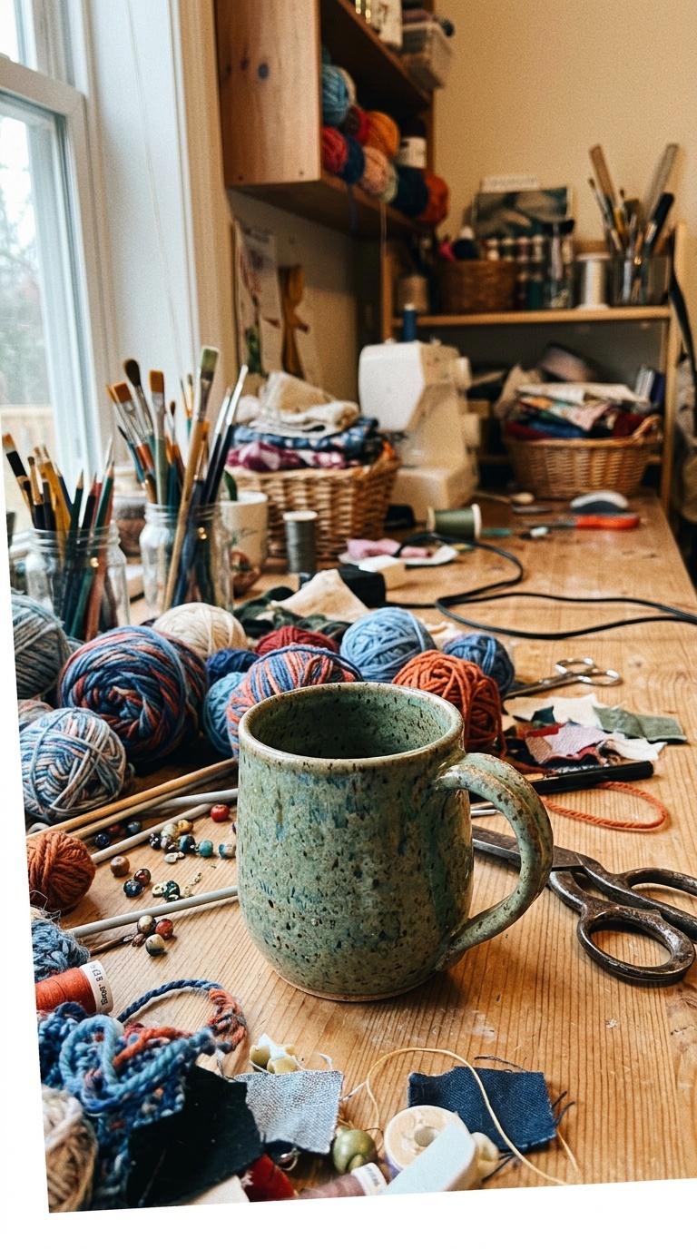 Amateur handheld phone photo of a handmade product in a busy home craft workspace, imperfect framing