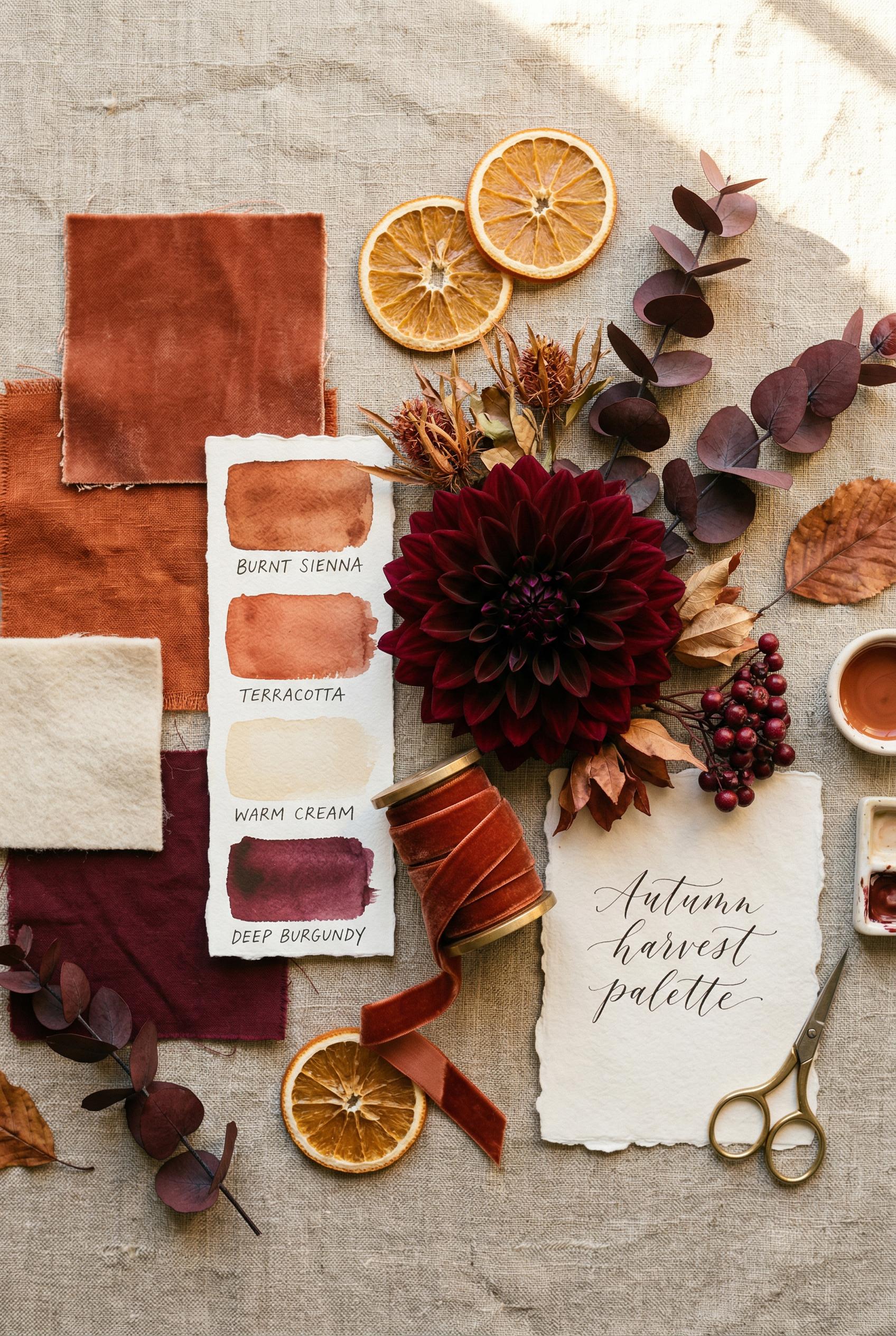 A beautifully styled flat lay arrangement of fabric swatches, textured paint chips, and real flowers in terracotta, burn