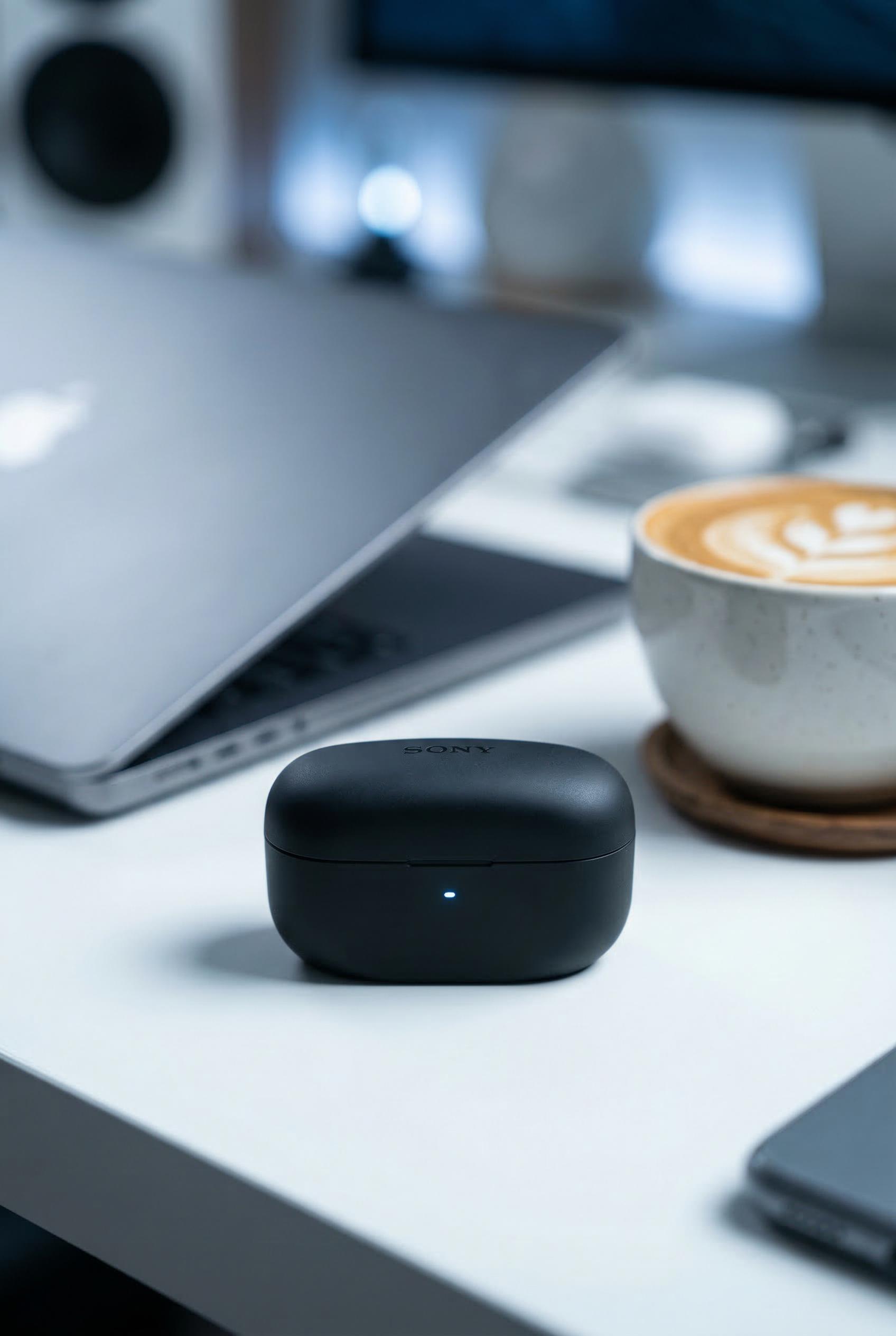 A pair of sleek wireless earbuds in a matte black charging case with a subtle LED indicator light, s