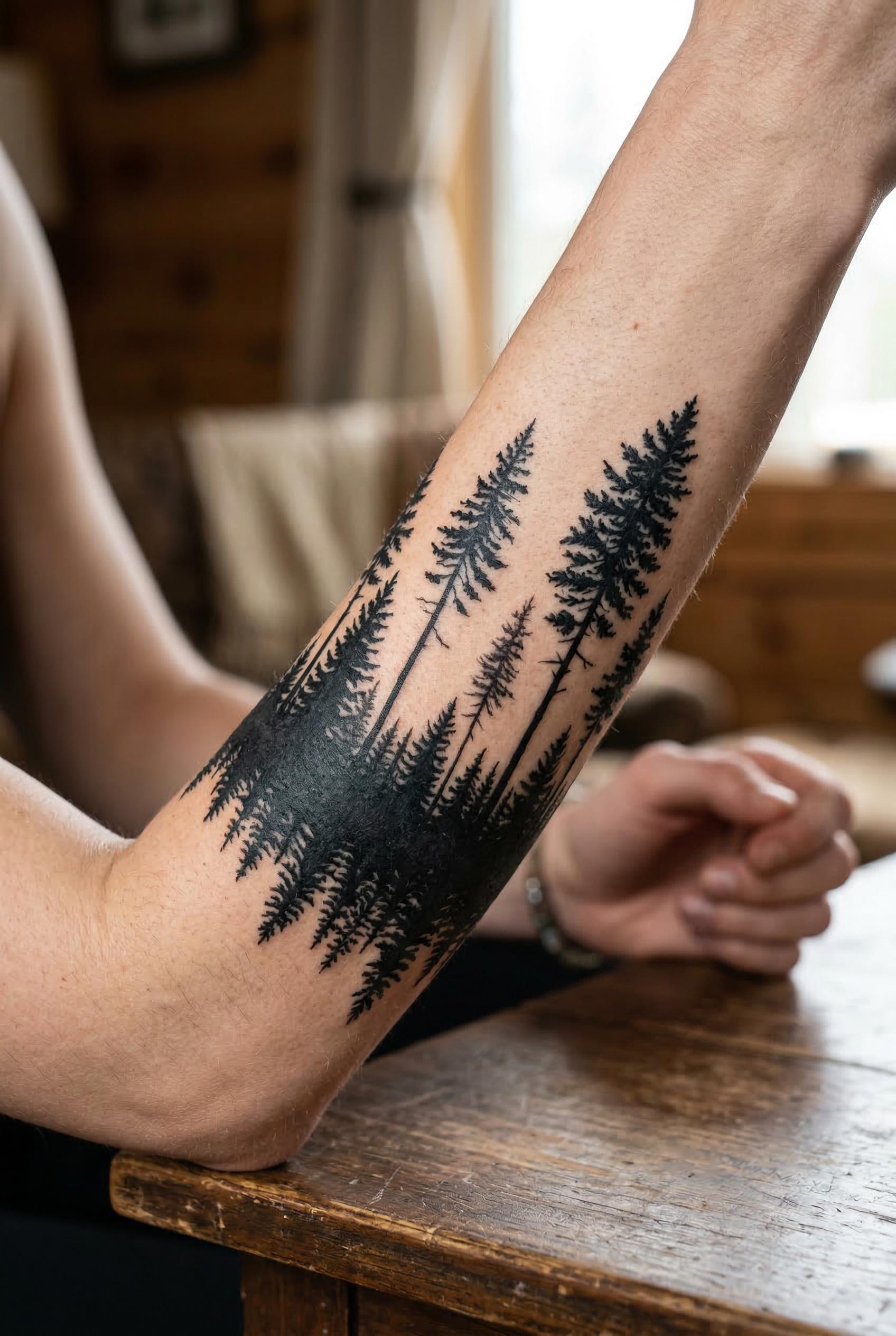 A photorealistic mockup of a forearm tattoo, a forest tree line silhouette wrapping around the inner forearm, pine trees
