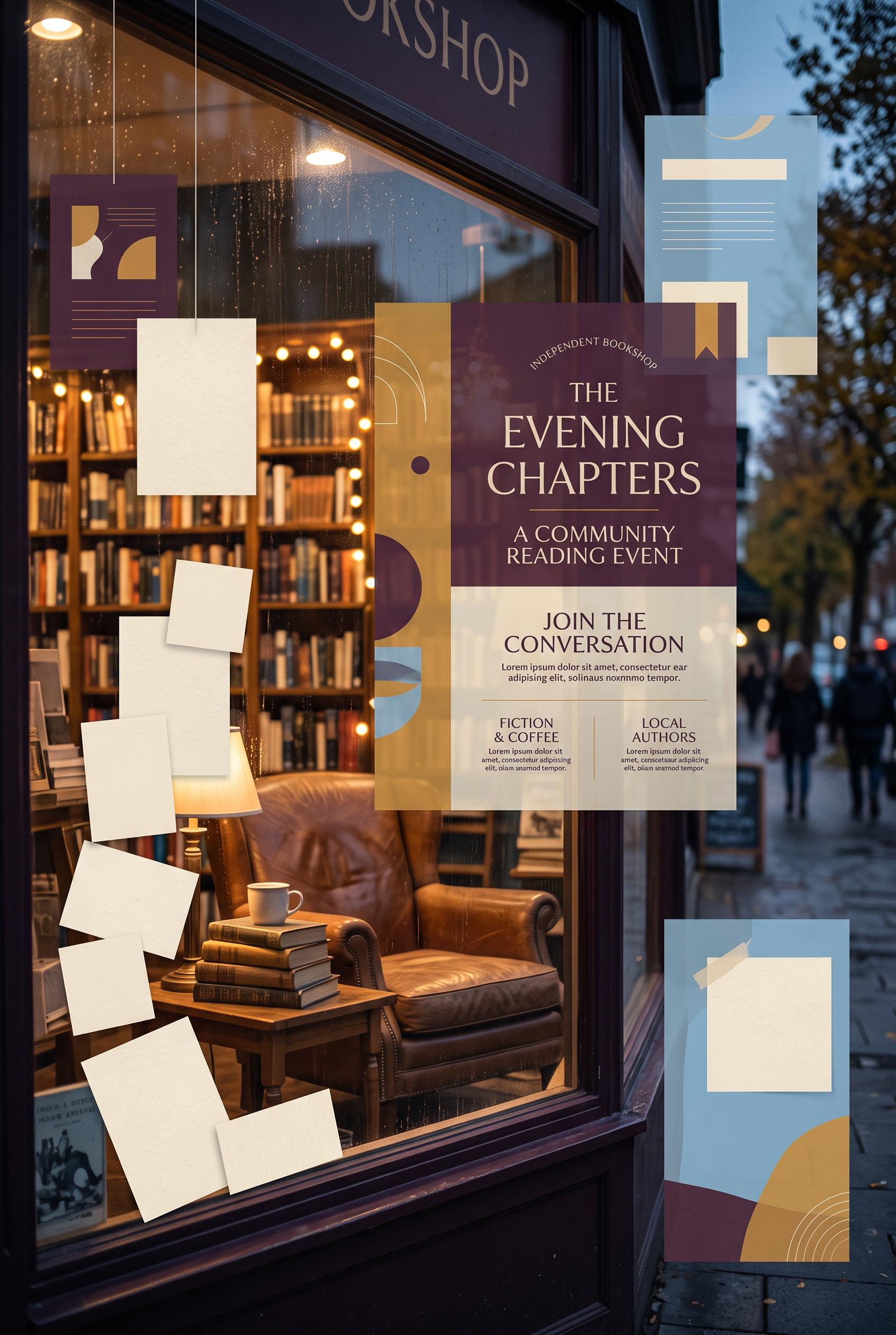 Create a commercial-quality inspirational showcase for a fictional independent bookshop community re