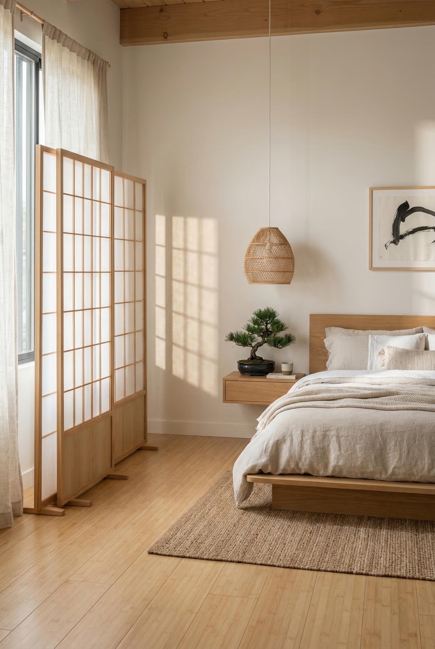 A serene Japandi-style bedroom with a low natural oak platform bed dressed in neutral oatmeal and wh