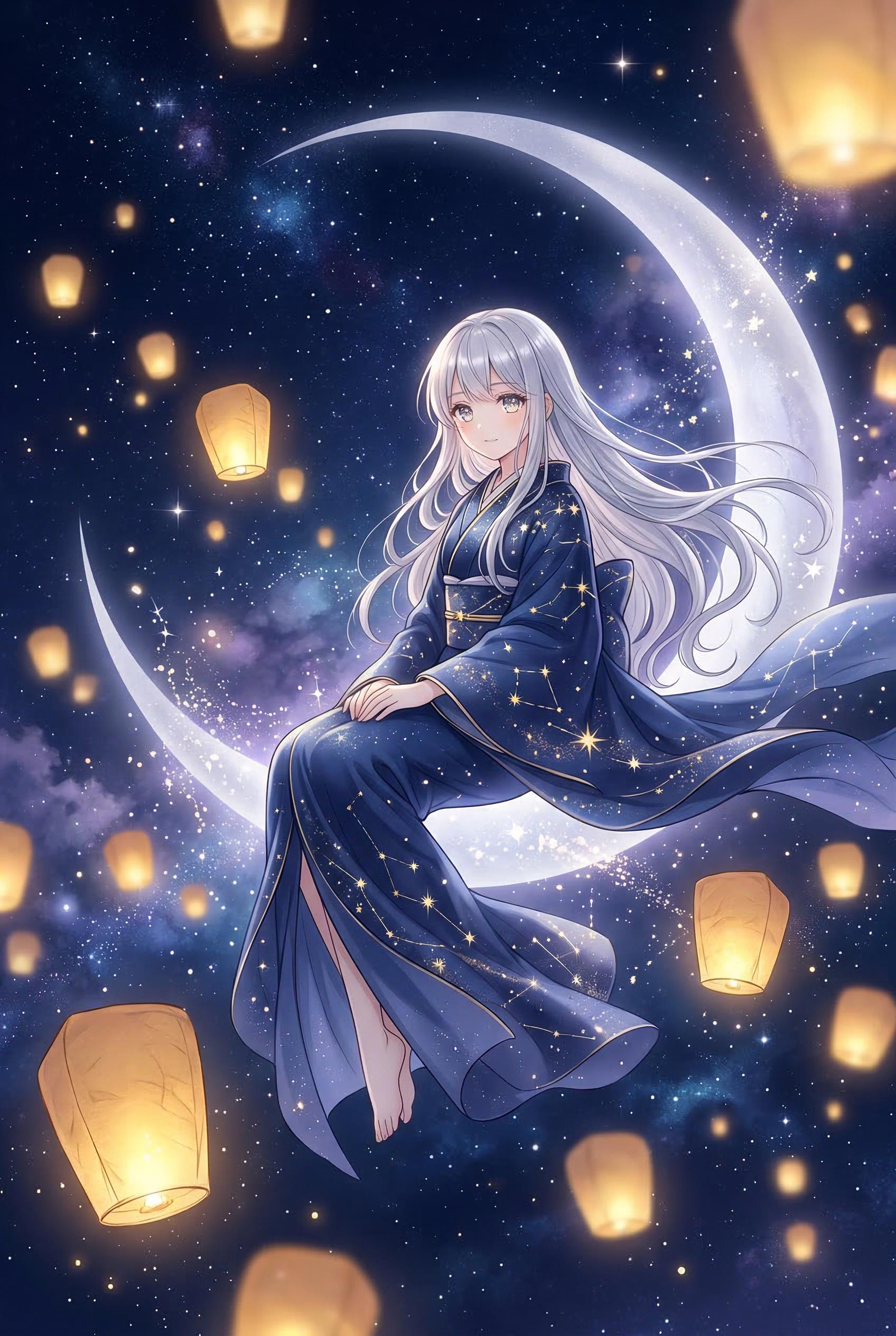 A beautiful anime girl with long flowing silver-white hair sitting gracefully on the edge of a glowing crescent moon sus