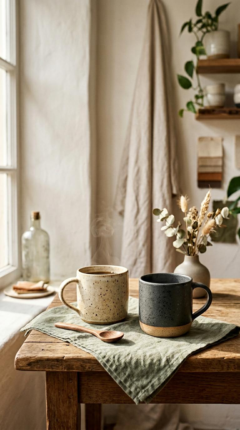 Luxury Etsy listing hero image for a premium handmade product mockup: a warm, sunlit boutique-studio scene with a beauti