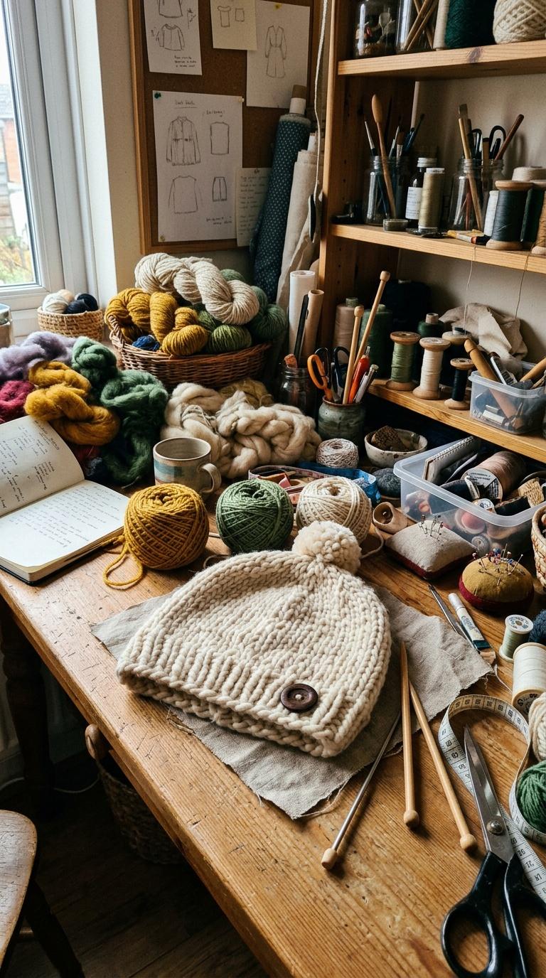 Amateur handheld phone photo of a handmade product in a busy home craft workspace, imperfect framing