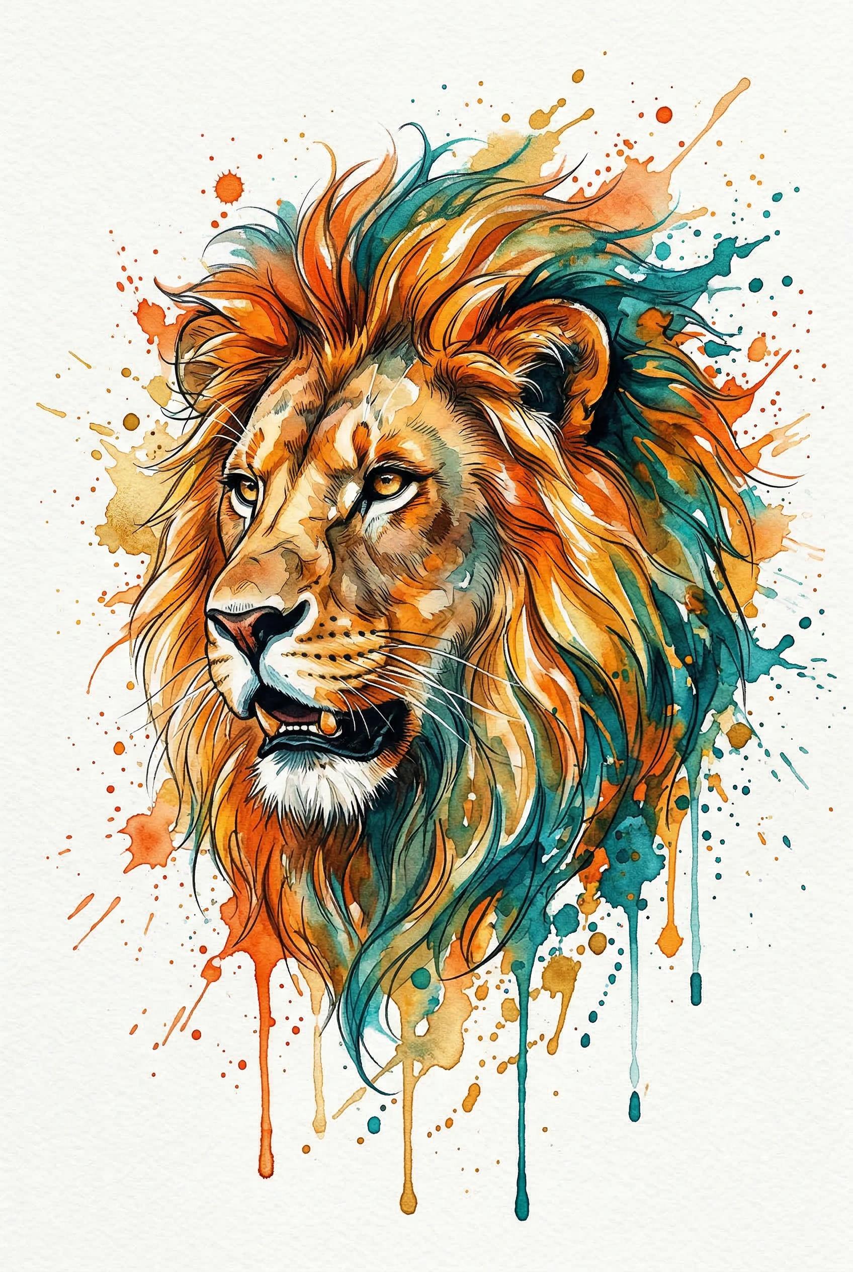 A watercolor lion head tattoo design with splashes of orange gold and teal paint, blend of realistic features with paint