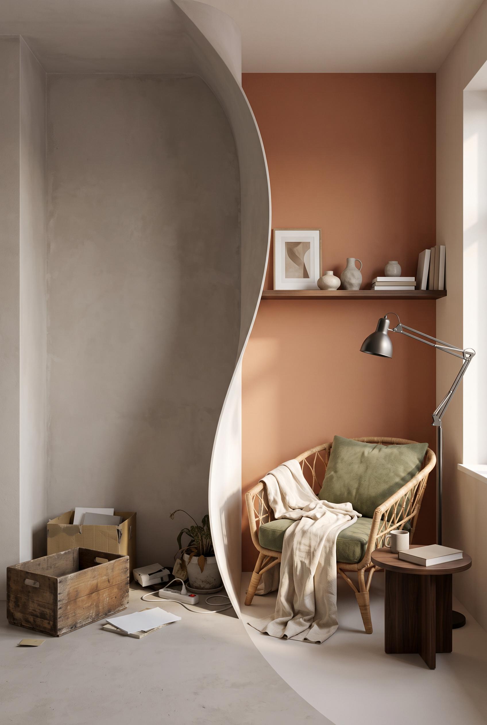 Create a commercial-quality interior design transformation image in a vertical 2:3 Pinterest composi