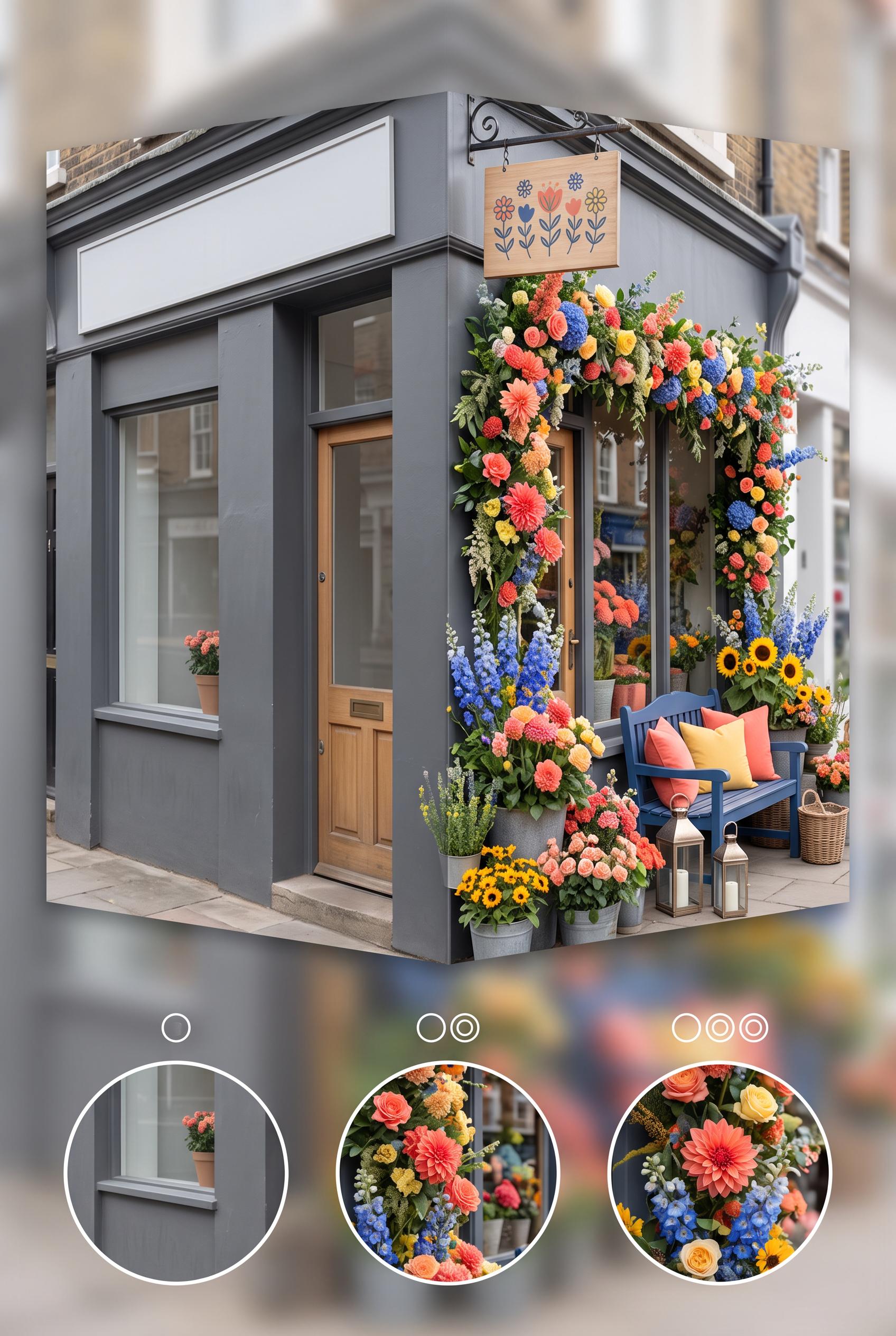 Create a commercial-quality vertical 2:3 Pinterest composition showing an independent florist storef