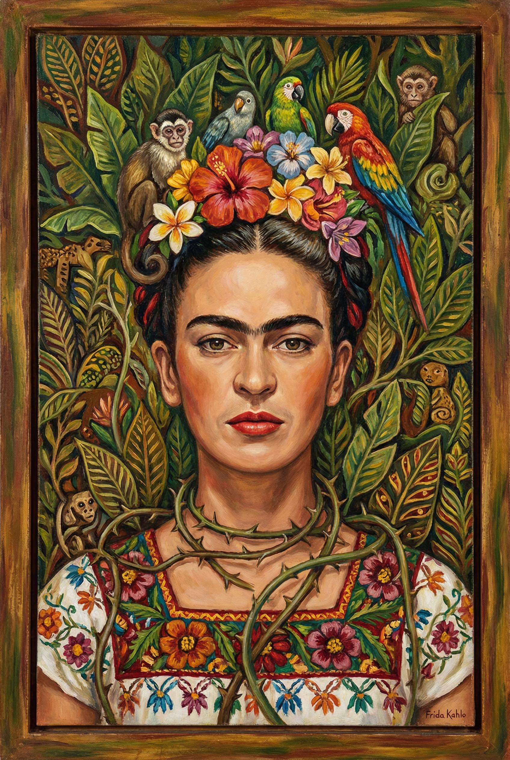 Frida Kahlo Style AI image: A vibrant surrealist self-portrait of a woman with a flower crown of tropical blooms, monkeys and pa