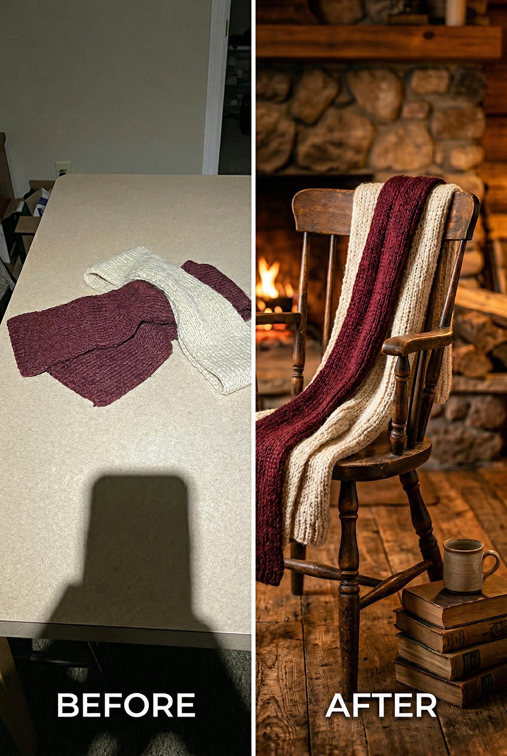 A dramatic before-and-after split image divided by a clean white vertical line in the center, left side shows a basic un