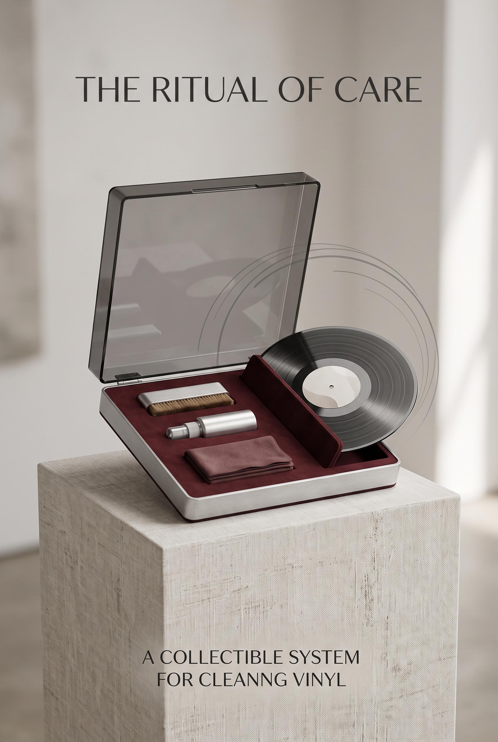 Create a commercial-quality vertical 2:3 Pinterest showcase of a compact record-cleaning case displa