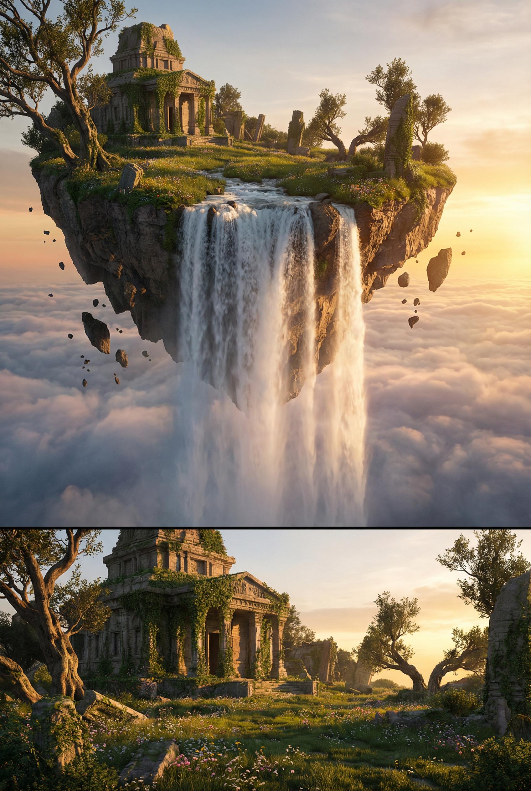 A colossal floating island hovering high above an endless sea of fluffy white clouds, a massive waterfall cascading off