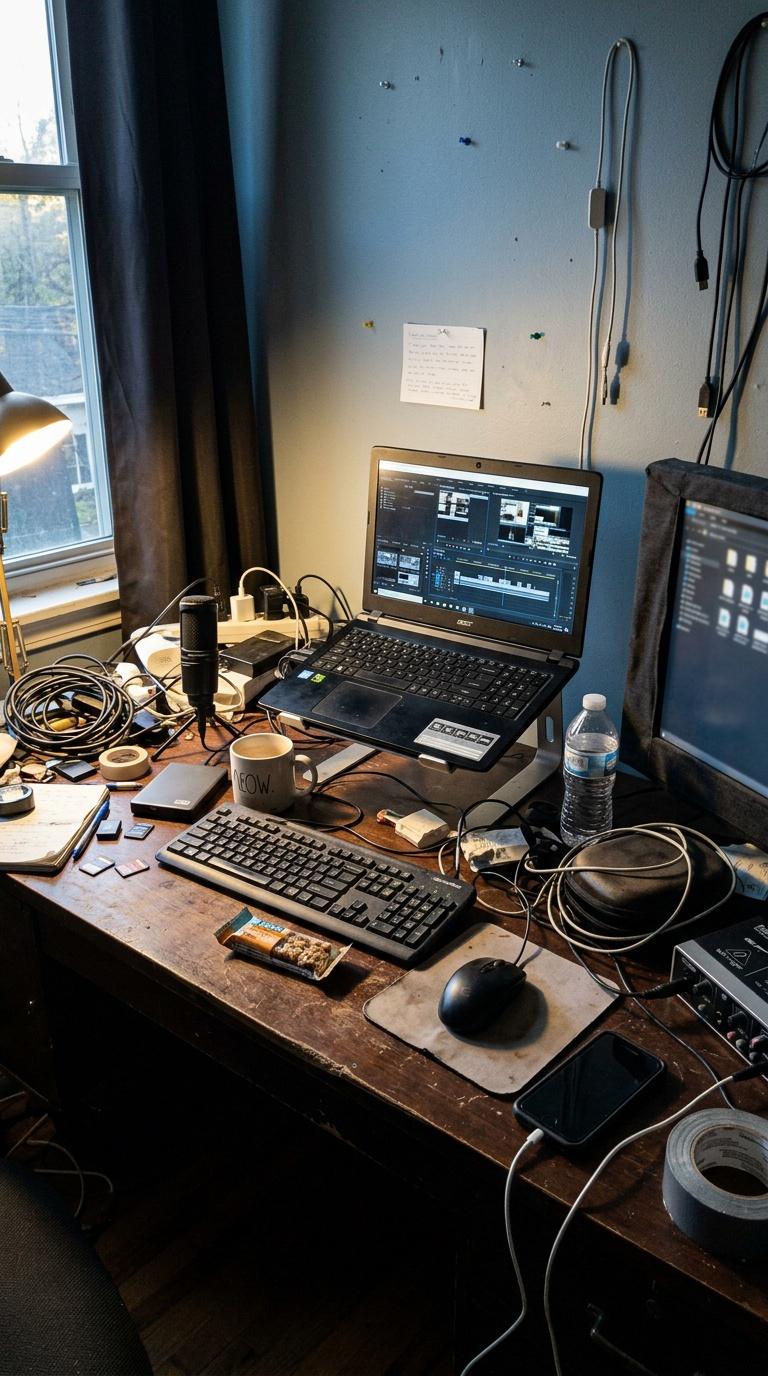Amateur handheld phone photo of a creator's cluttered desk setup before branding and styling, imperfect pho...