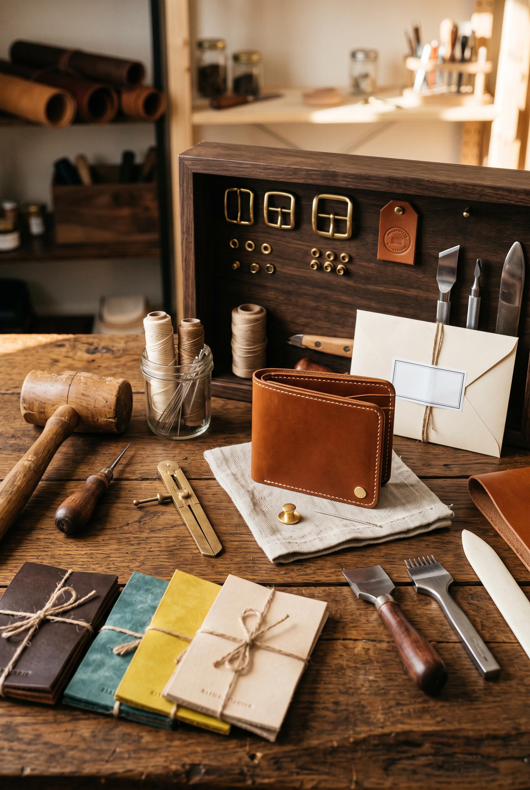Create a vertical 2:3 Pinterest composition with commercial-quality art direction for a handmade lea