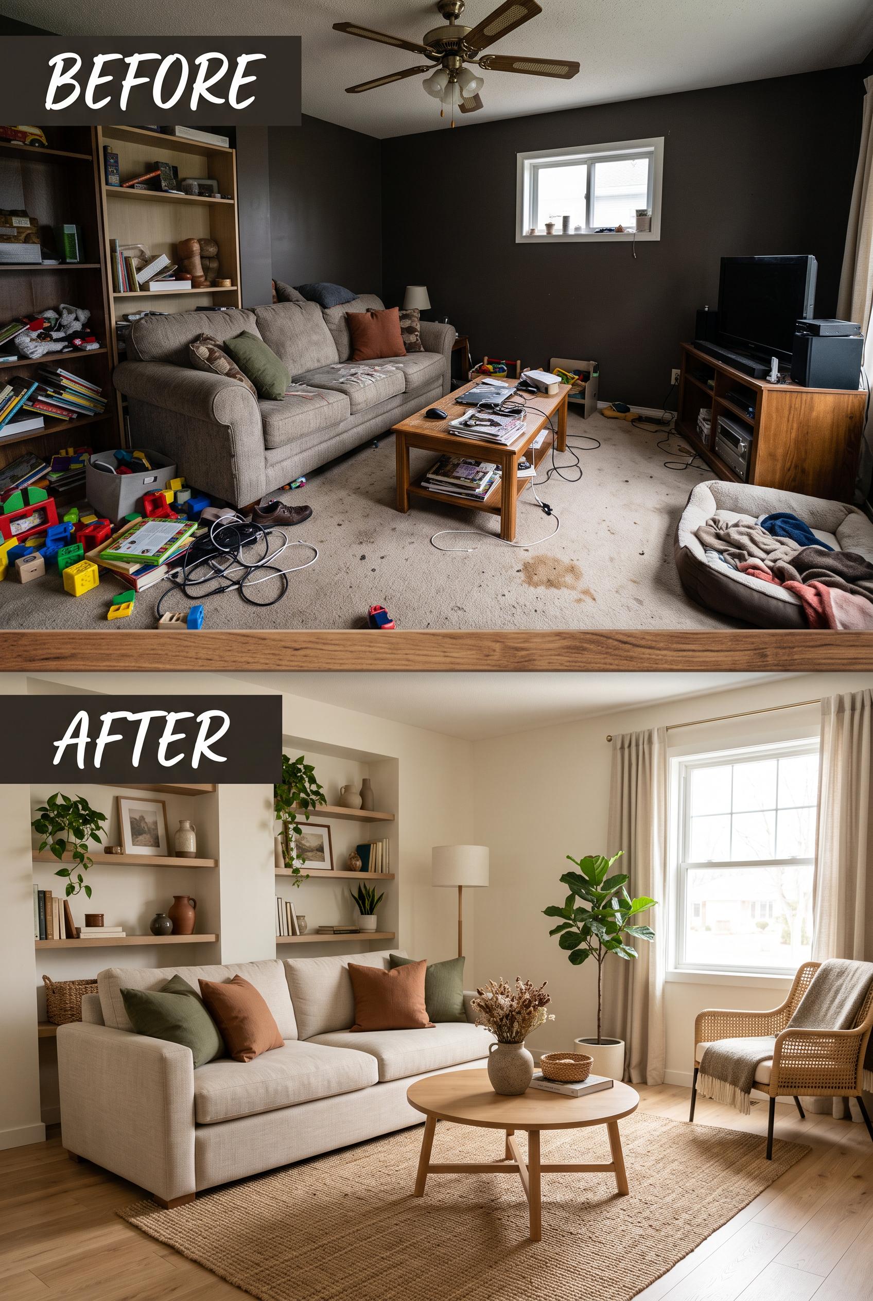 A vertical 2:3 composition featuring a before-and-after layout of a living room, showing a cluttered