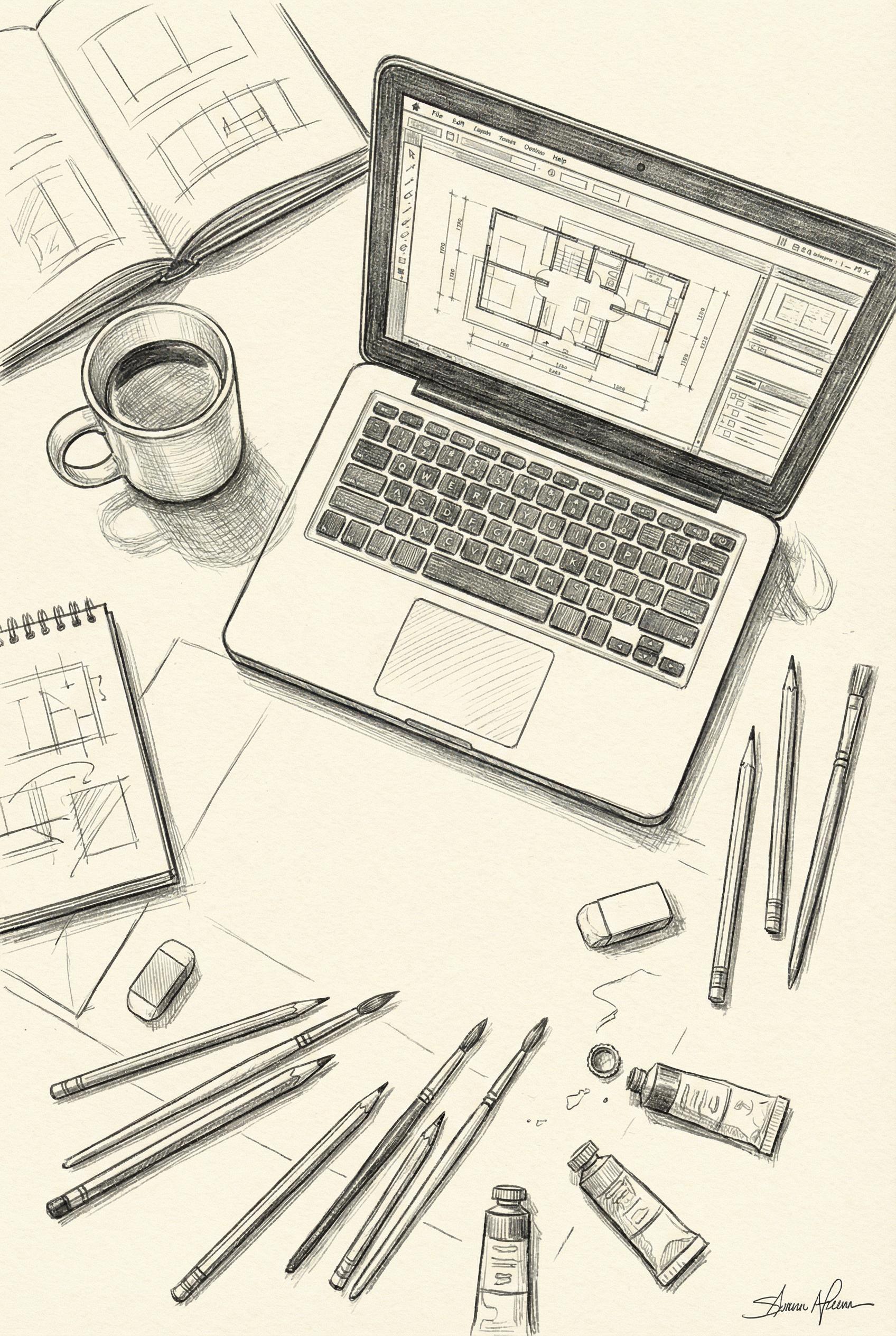 Detailed pencil sketch of creative workspace from above, realistic graphite rendering showing laptop, coffee cup, notebo