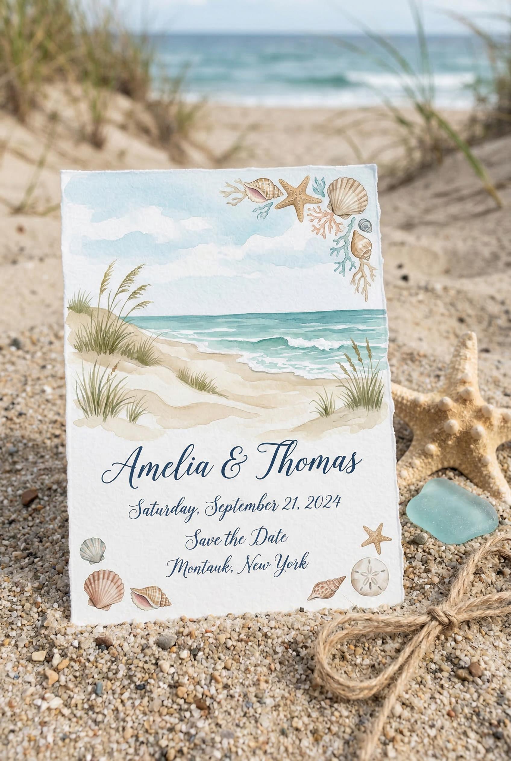 A watercolor-style save the date card featuring a hand-painted coastal scene with soft sandy beige dunes, gentle turquoi