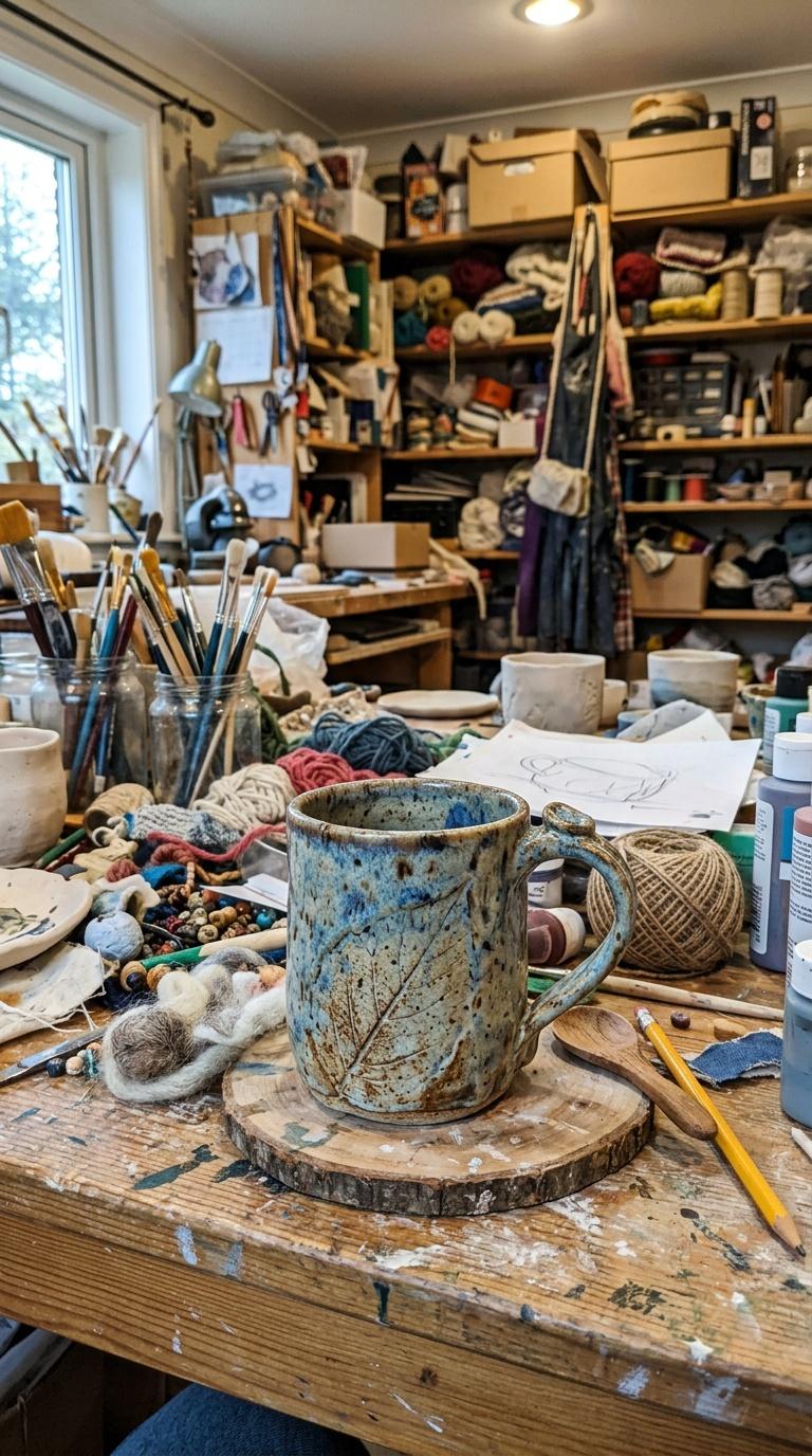 Amateur handheld phone photo of a handmade product in a busy home craft workspace, imperfect framing