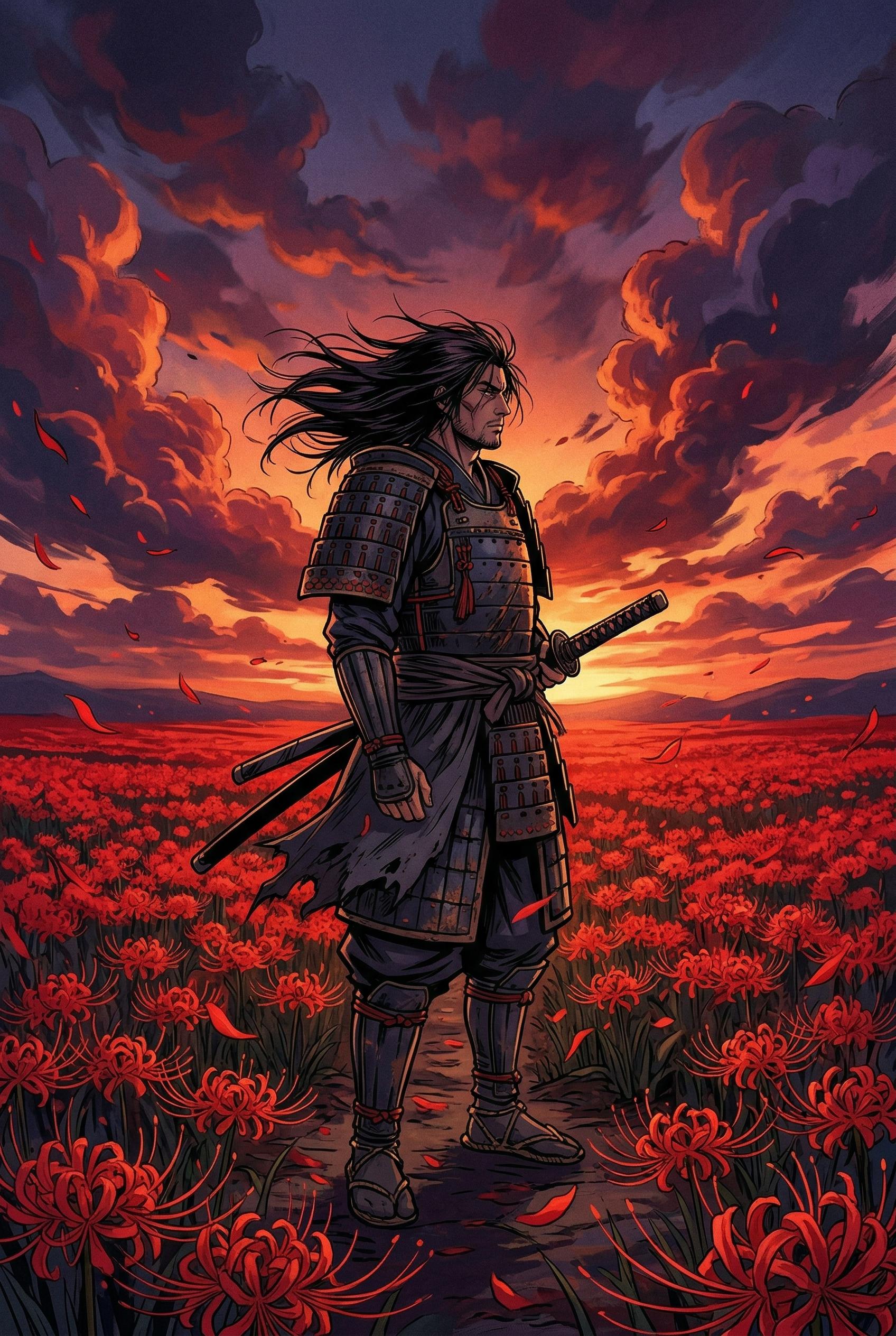 A lone samurai warrior with long dark hair blowing in the wind standing in an endless field of red spider lilies (higanb